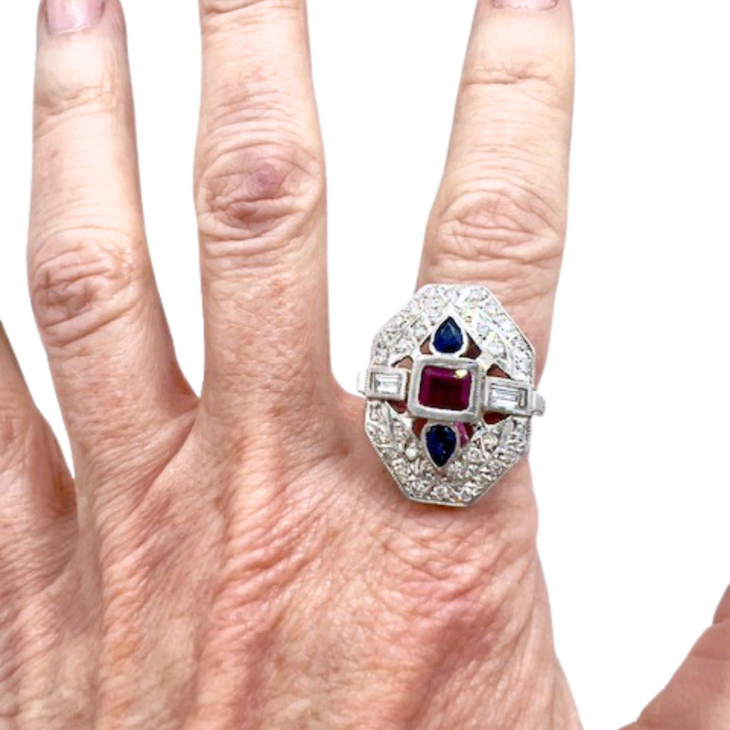 Baguette Cut Art Deco Style with Rubies and Sapphires 950 Platinum Ring For Sale