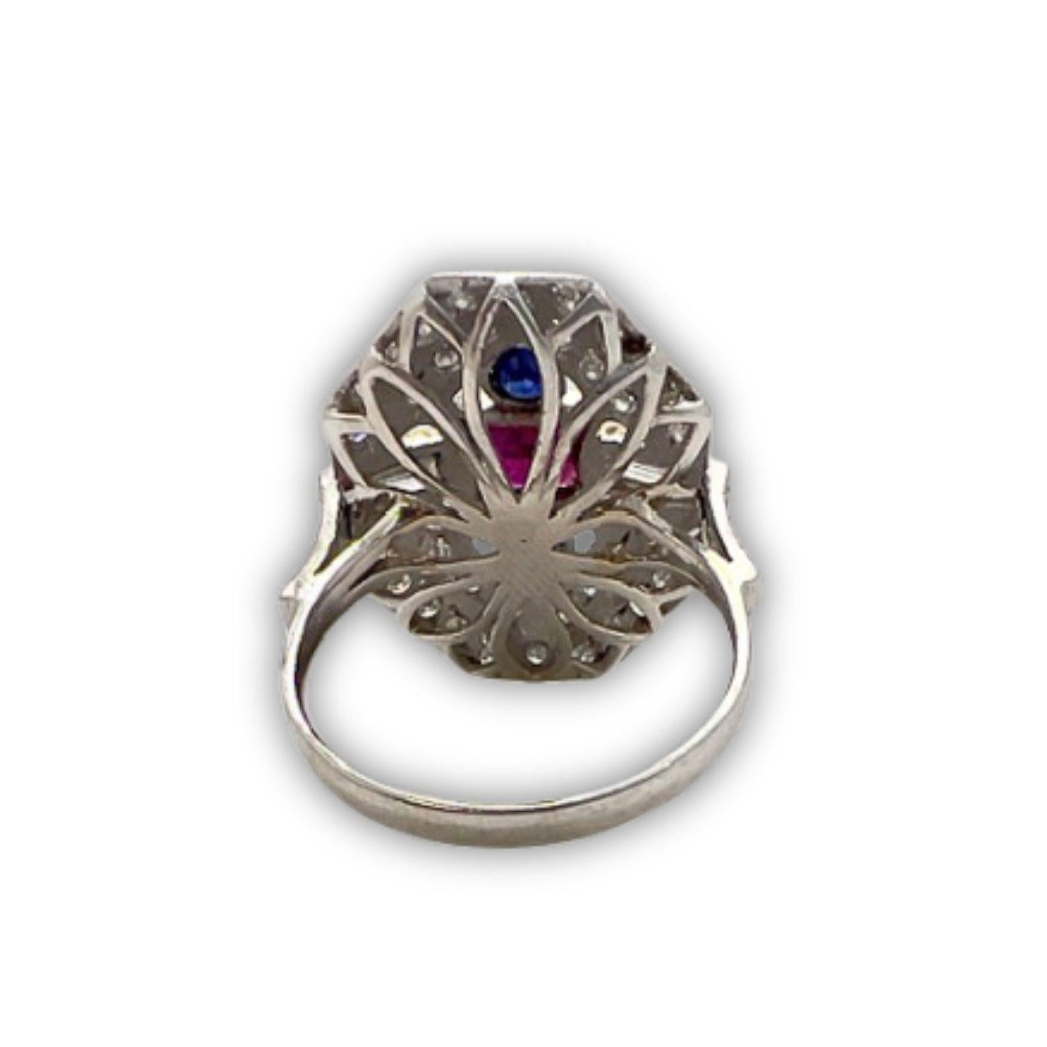 Art Deco Style with Rubies and Sapphires 950 Platinum Ring In Good Condition For Sale In MADRID, ES