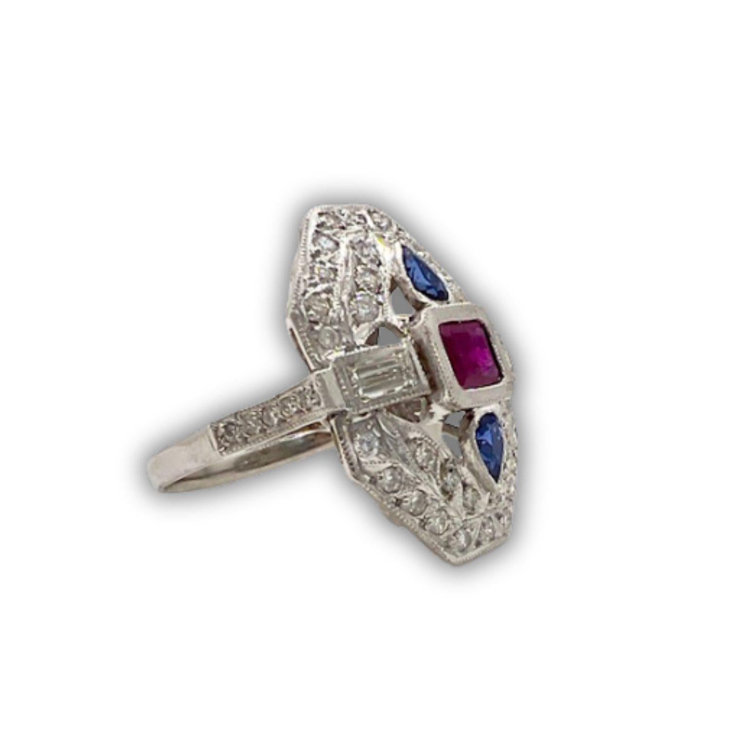 Art Deco Style with Rubies and Sapphires 950 Platinum Ring For Sale 1
