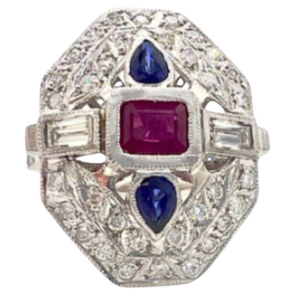 Art Deco Style with Rubies and Sapphires 950 Platinum Ring For Sale