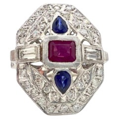 Antique Art Deco Style with Rubies and Sapphires 950 Platinum Ring
