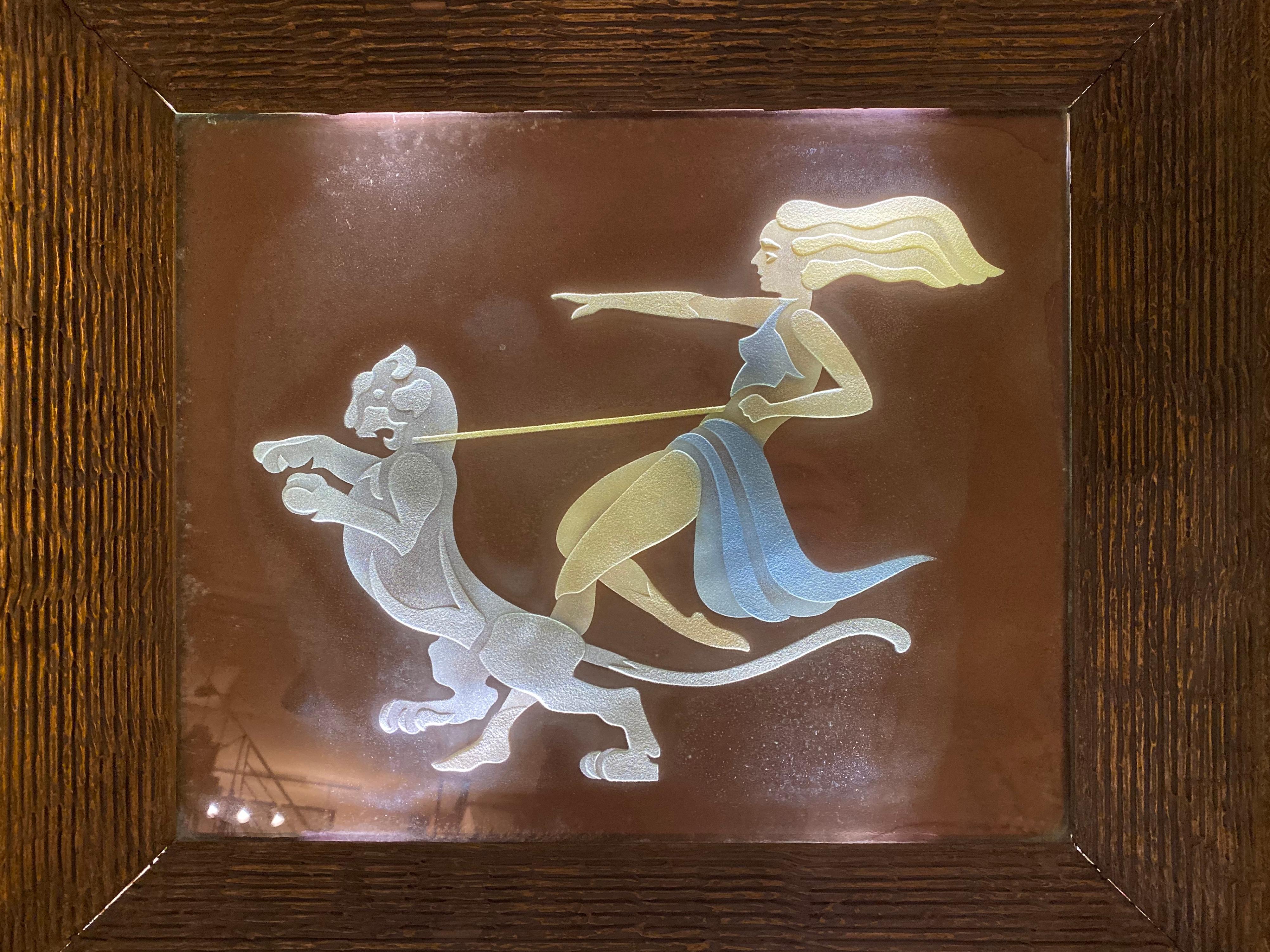Mid-Century Modern Art Deco Style “Woman Walking Panther” Etched Glass Framed Art Light, 1950s