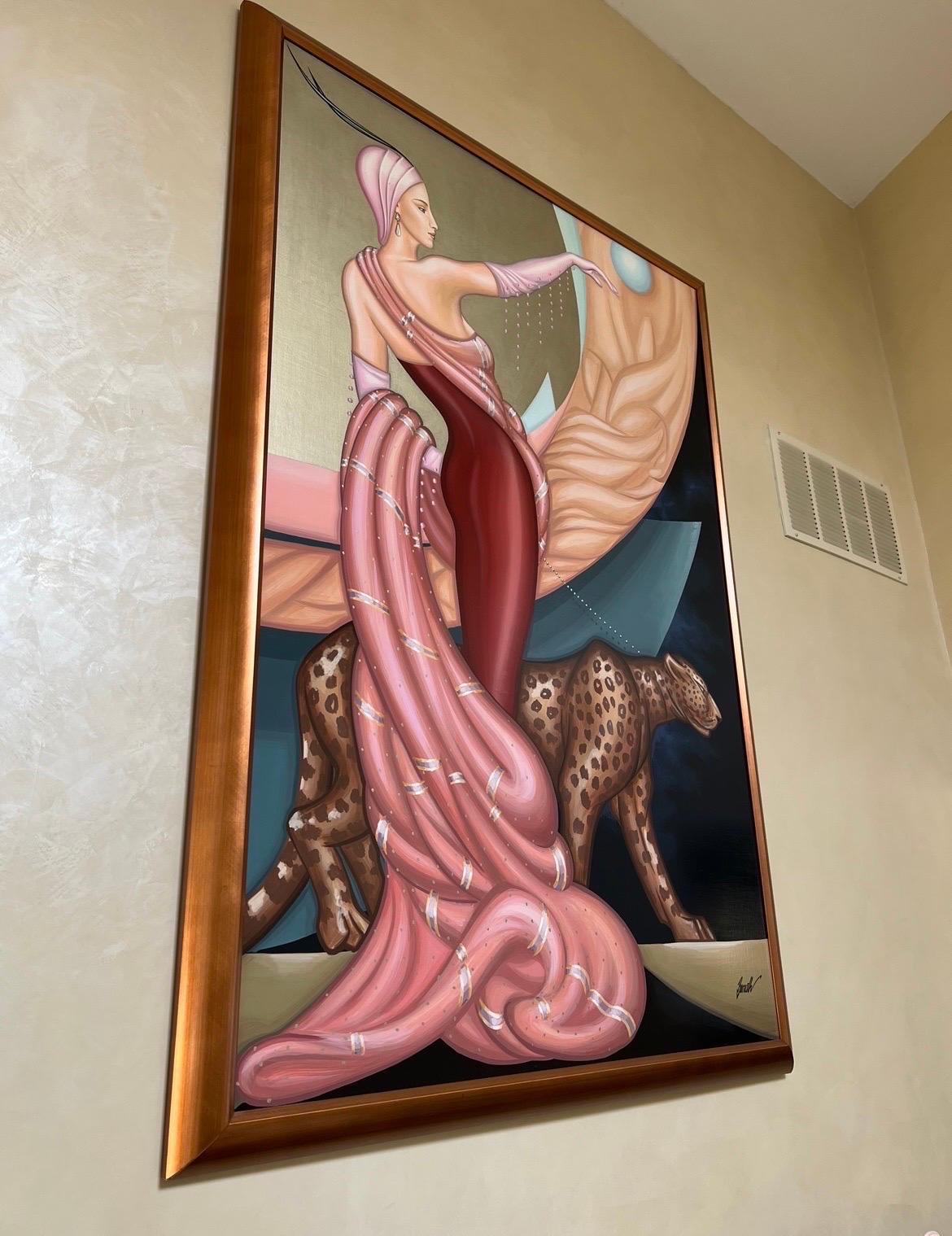 Art Deco Stil Frau mit Leopard Originalgemälde auf Tafel von Istvan Bernath