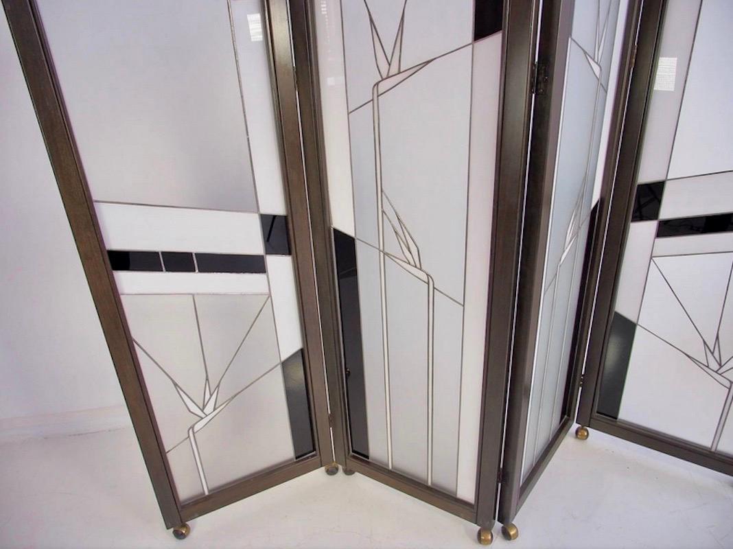 Art Deco Style Wood and Leaded Glass Folding Screen For Sale 6
