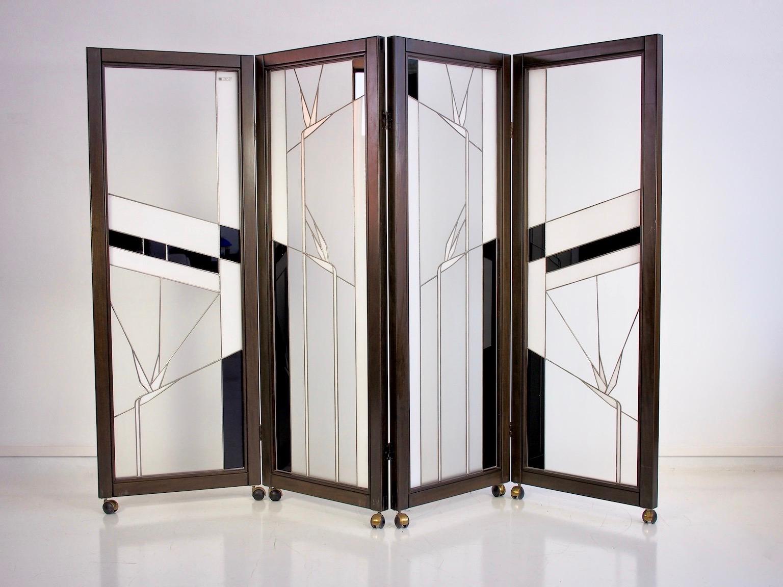 Italian Art Deco Style Wood and Leaded Glass Folding Screen For Sale