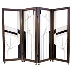 Paravent de style Art déco en bois et verre plombé