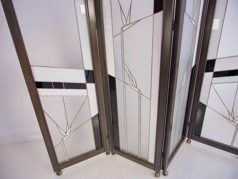 Art Deco Style Wood and Leaded Glass Screen by Poliarte For Sale 3