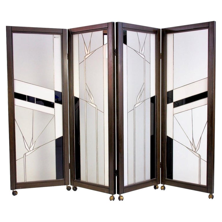 Art Deco Style Wood and Leaded Glass Screen by Poliarte For Sale