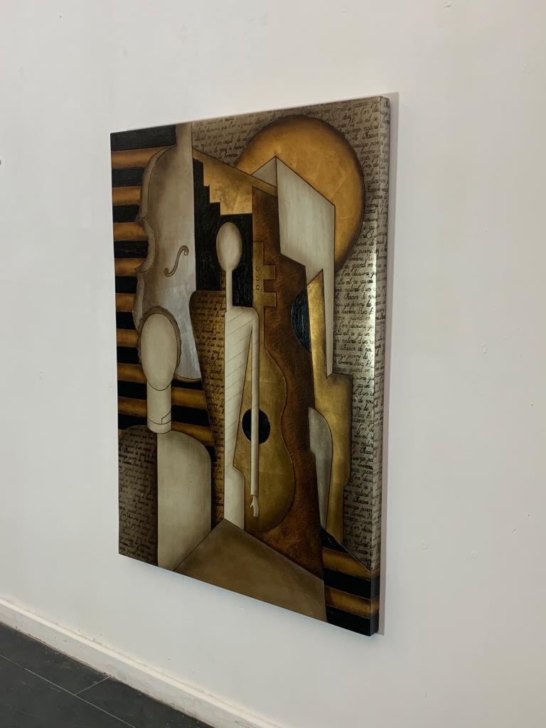 Painted, lacquered, etched work on wood enhanced with gold and silver leaf depicting an Art Deco style composition, 1980s. Coming from ARTTRA, Dallas (Texas). Patina due to age and use.