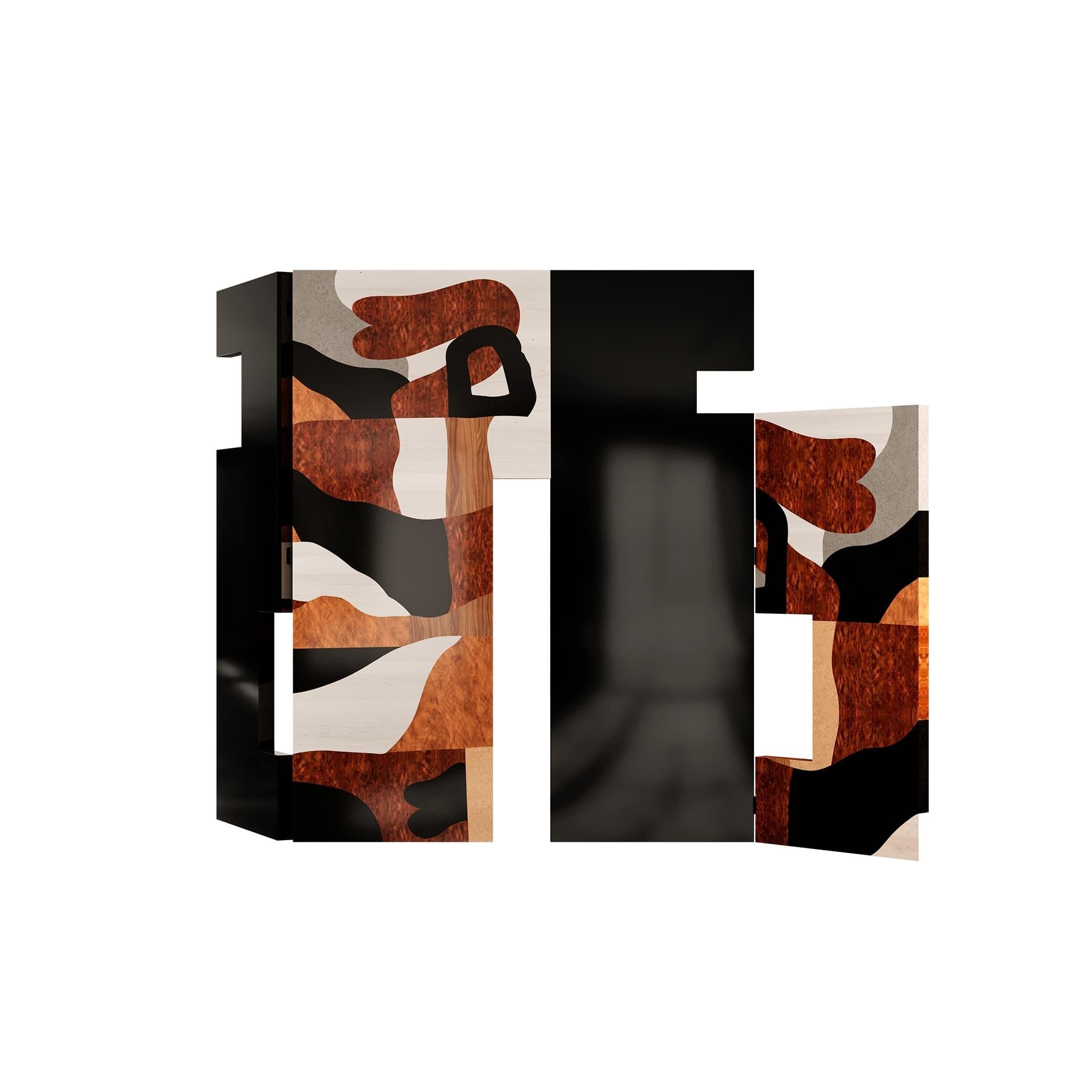Divisorio in Wood in stile Art Deco in noce, acero e lacca Schermi asimmetrici 
Il divisorio Mikado è caratterizzato da pannelli asimmetrici che creano un gioco di intarsi in legno e forme geometriche irregolari. Questo pezzo vanta una ricca