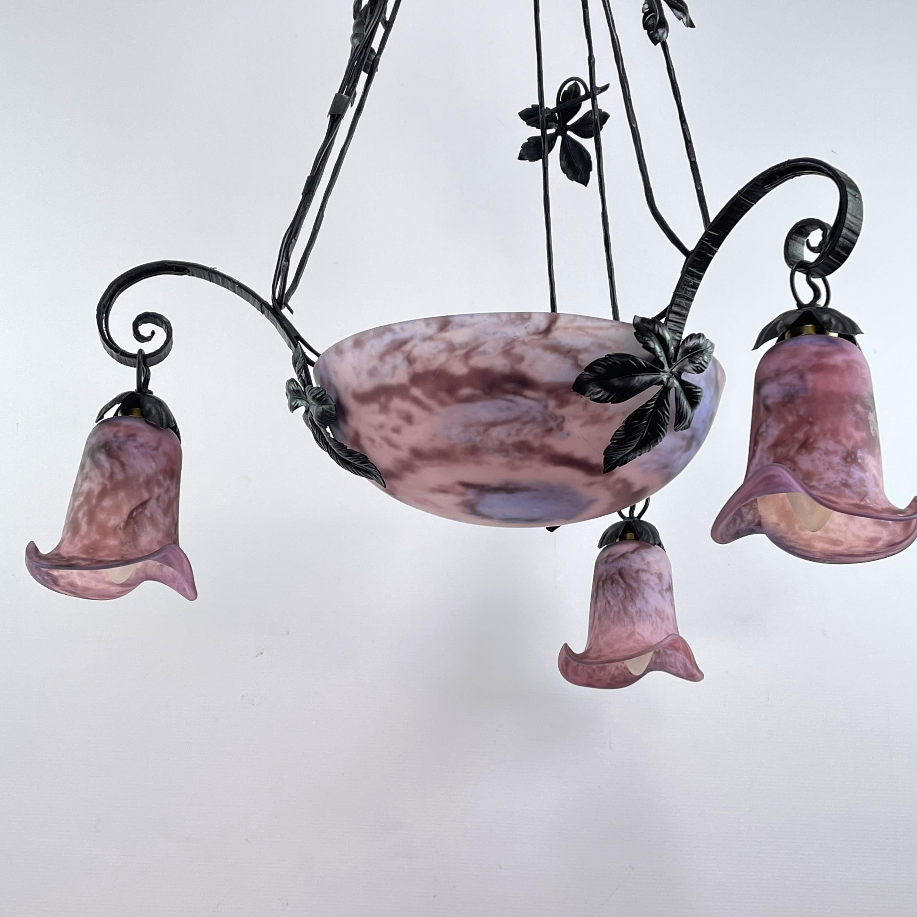 French Art Deco Style wrought iron Lamp Pate de Verre, 1950s For Sale