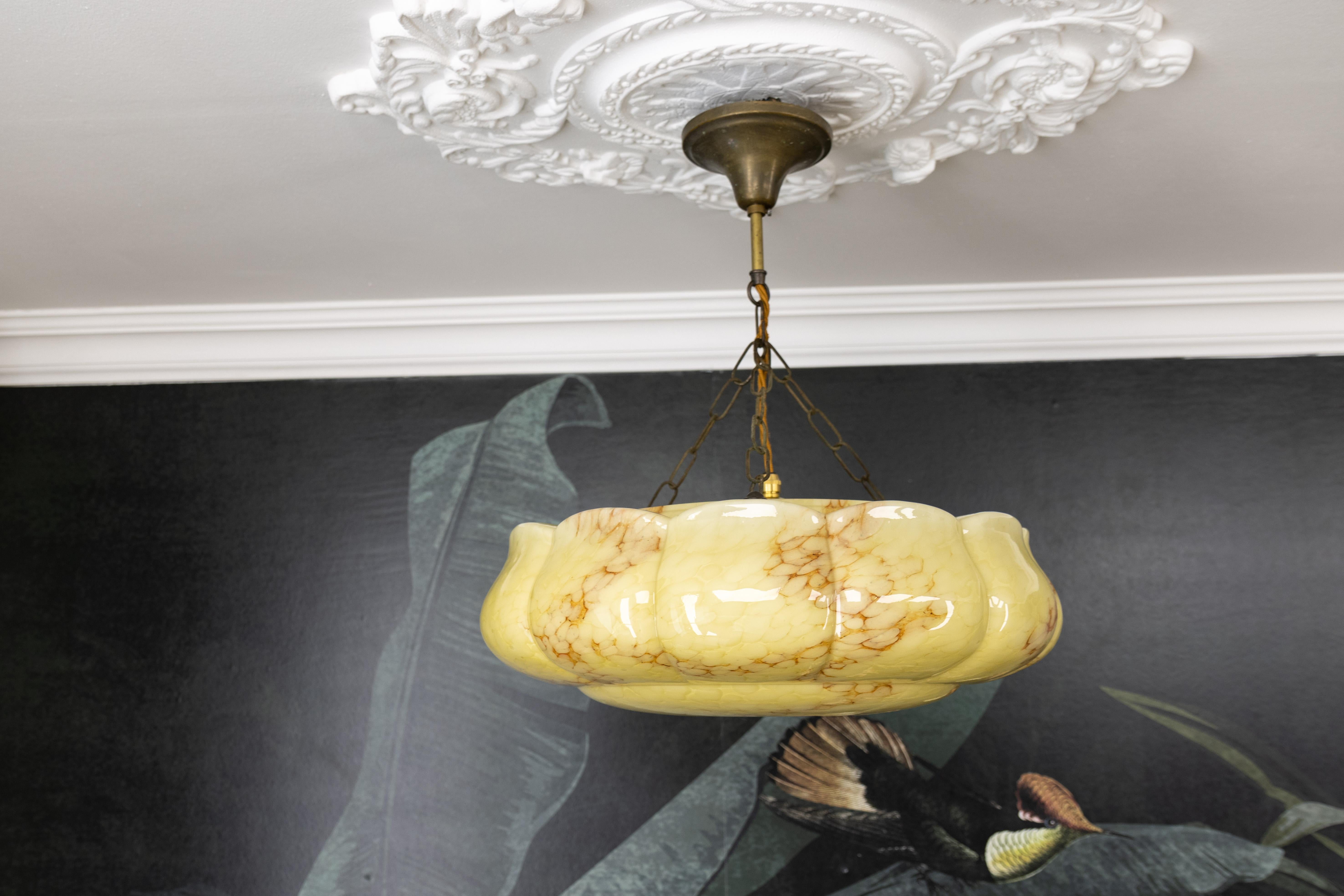 Art Deco Style Yellow and Beige Marbled Glass Pendant Light, Germany, 1950s For Sale 6