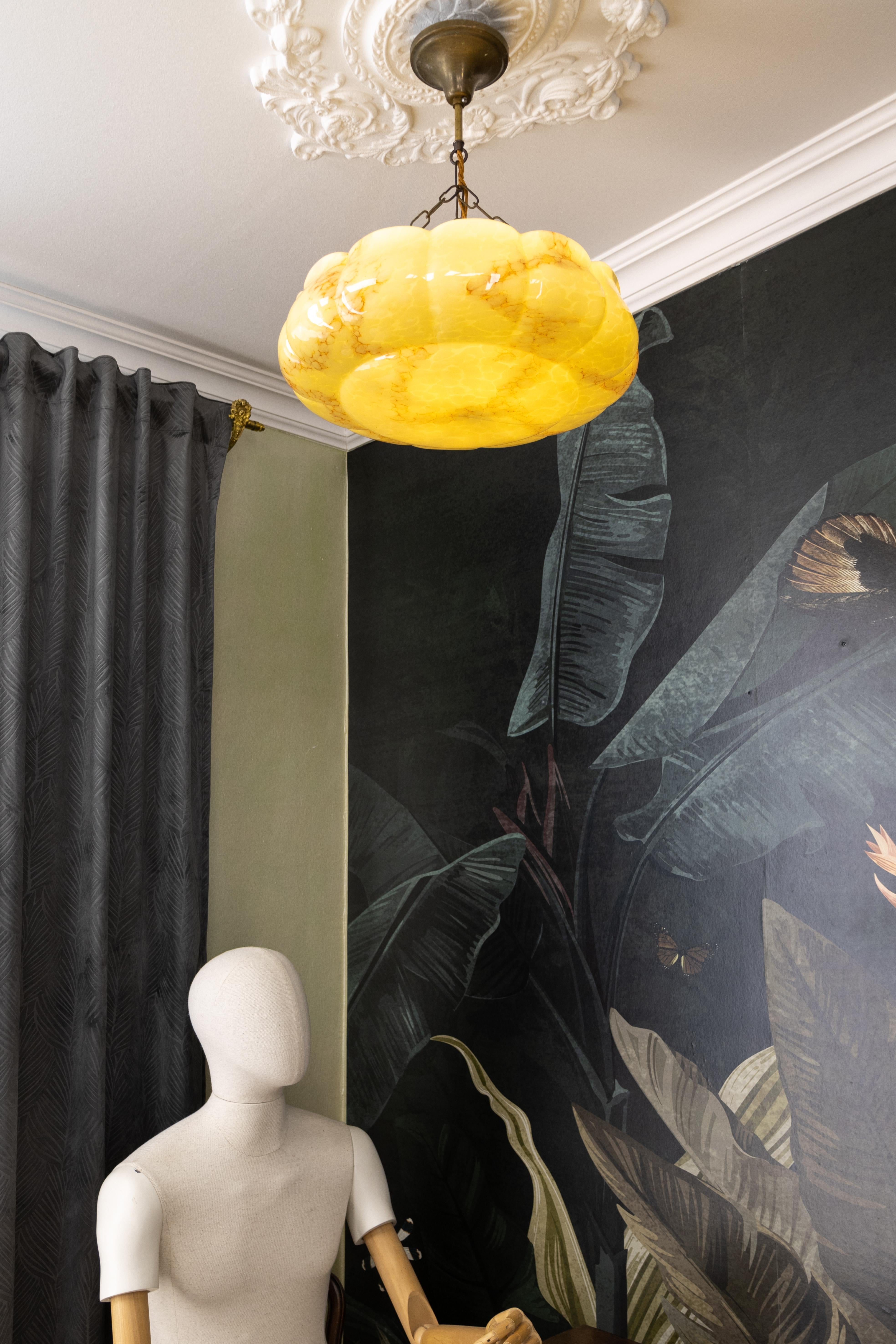 Art Deco Style Yellow and Beige Marbled Glass Pendant Light, Germany, 1950s For Sale 8