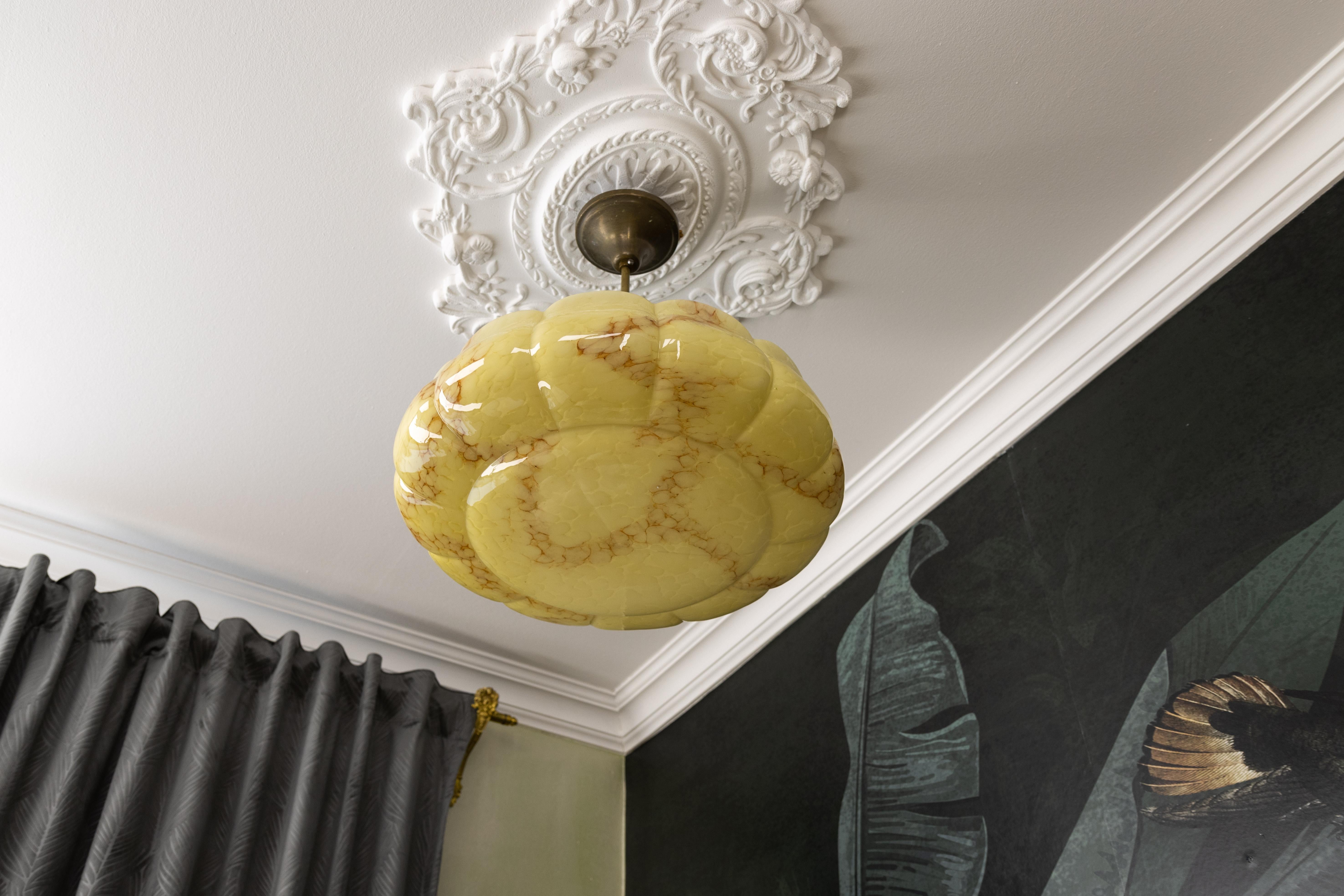 Metal Art Deco Style Yellow and Beige Marbled Glass Pendant Light, Germany, 1950s For Sale
