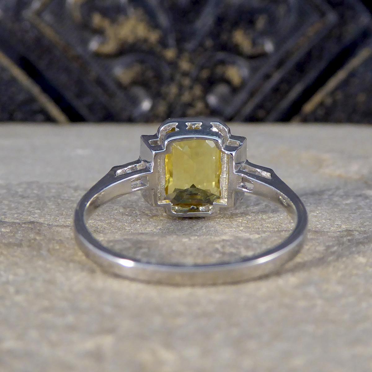 Women's Art Deco Style Yellow Sapphire and Baguette Cut Diamond Ring in Platinum For Sale
