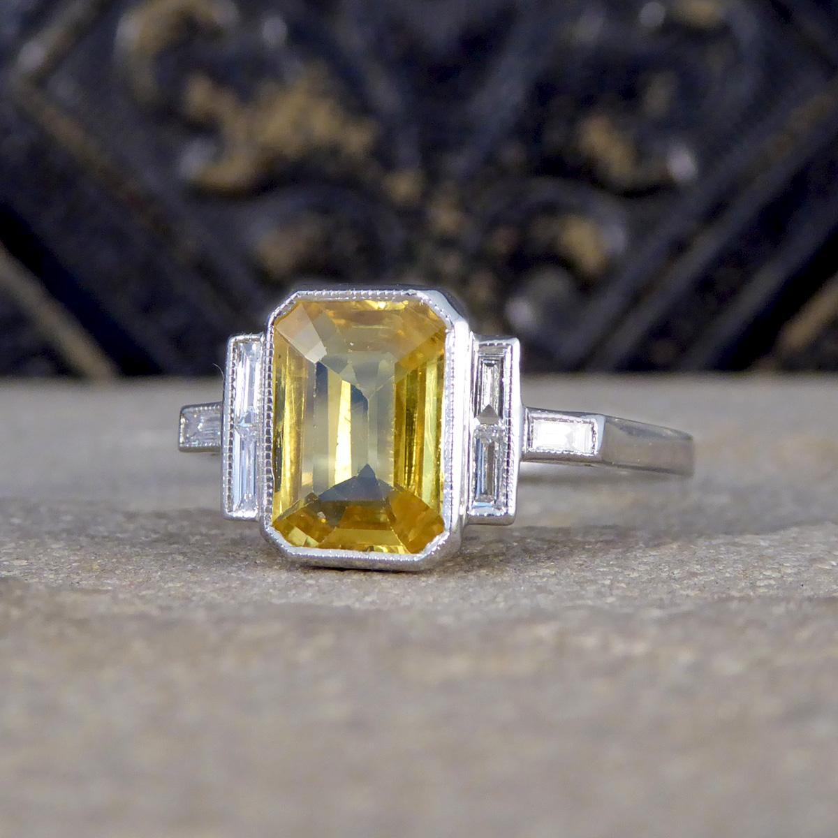 Art Deco Style Yellow Sapphire and Baguette Cut Diamond Ring in Platinum For Sale 1