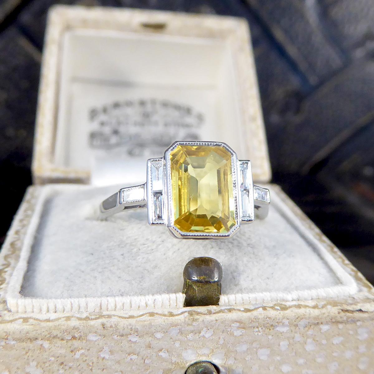 Art Deco Style Yellow Sapphire and Baguette Cut Diamond Ring in Platinum For Sale 3