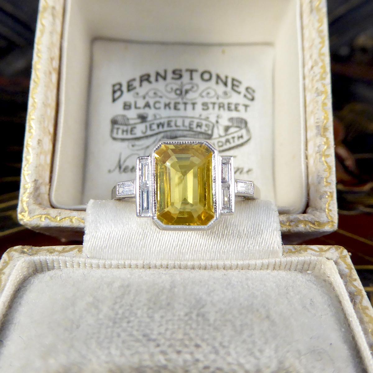 Art Deco Style Yellow Sapphire and Baguette Cut Diamond Ring in Platinum For Sale 4