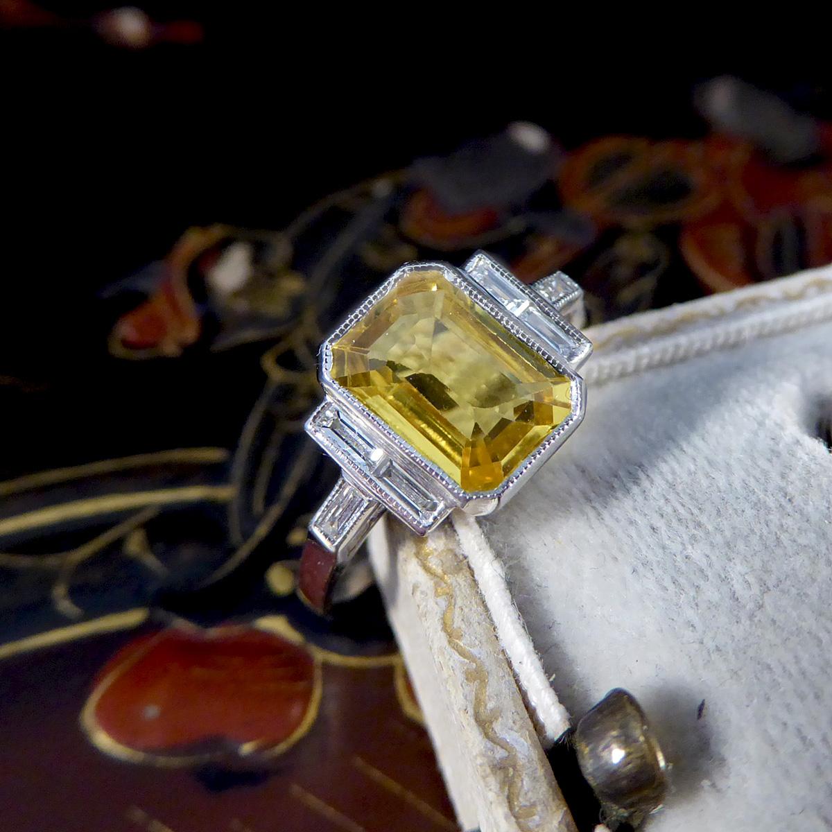 Art Deco Style Yellow Sapphire and Baguette Cut Diamond Ring in Platinum For Sale 5