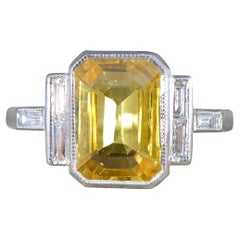 Art Deco Style Yellow Sapphire and Baguette Cut Diamond Ring in Platinum