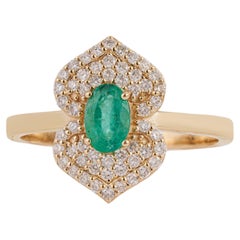 Art Deco Style Zambian Emerald & Diamond Cocktail Ring in 14K Solid Yellow Gold