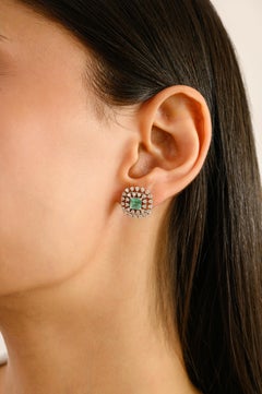 Art Deco Style Zambian Emerald & Halo Diamond Cushion Stud Earrings in 14k Gold