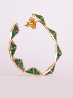 Art Deco Style Zigzag Hoops in 18kt Gold, Diamond & Emerald