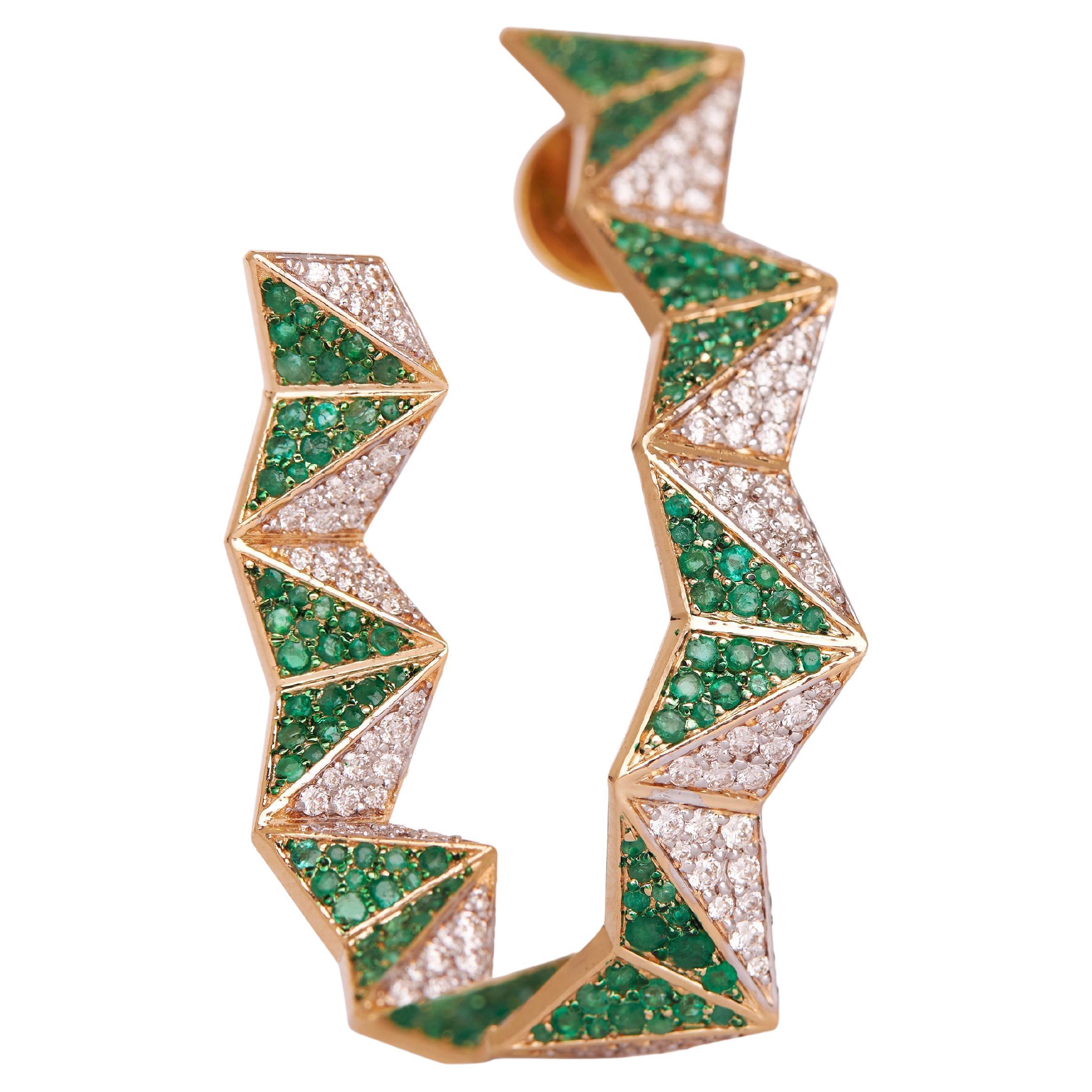 Taille ronde Anneaux en zigzag de style Art Déco en or 18kt, diamant et émeraude en vente