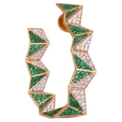 Anneaux en zigzag de style Art Déco en or 18kt, diamant et émeraude
