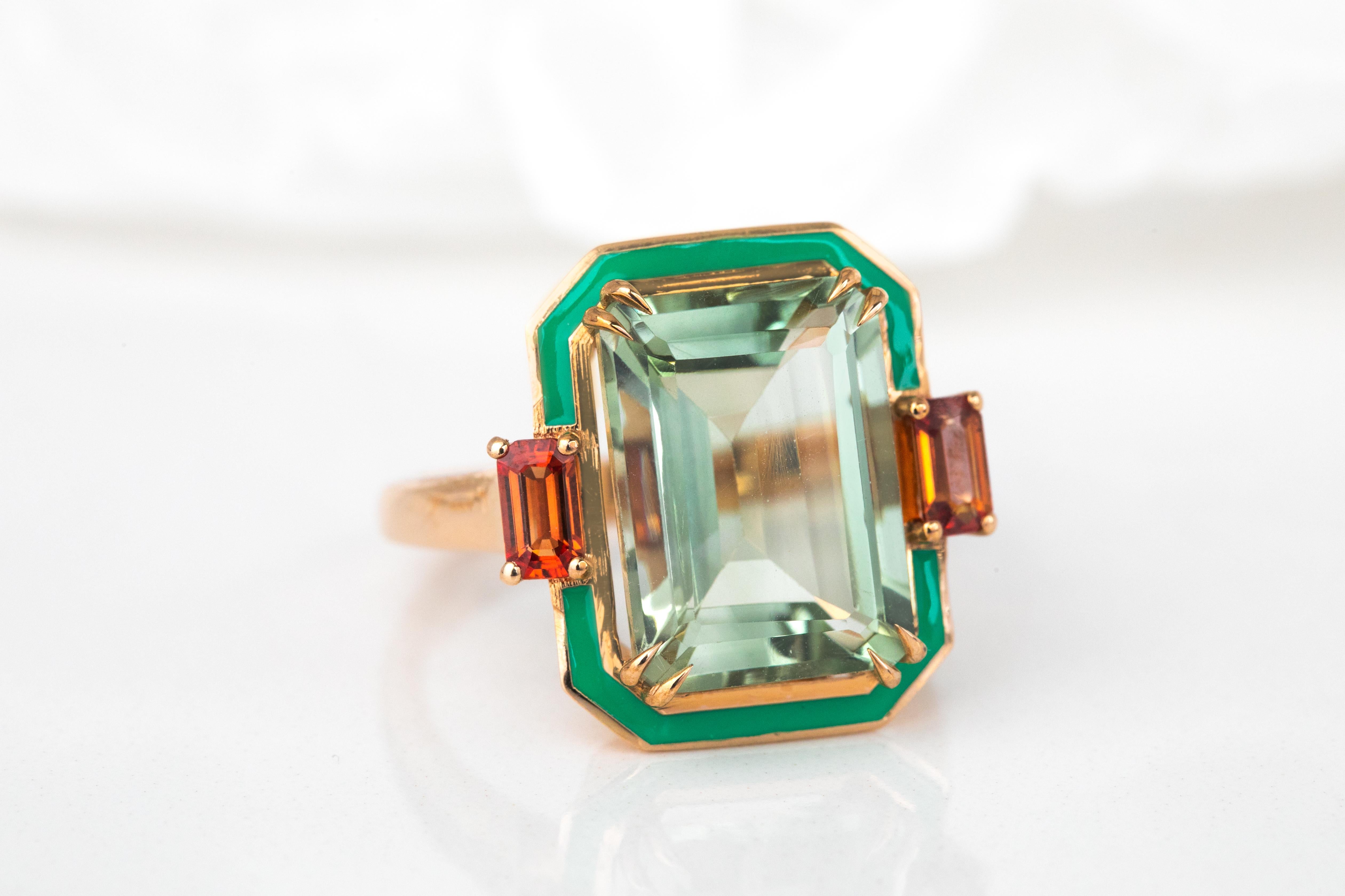For Sale:  Art Deco Style, 14k Gold Ring Green Amethyst and Fire Sapphire Stone Ring 2