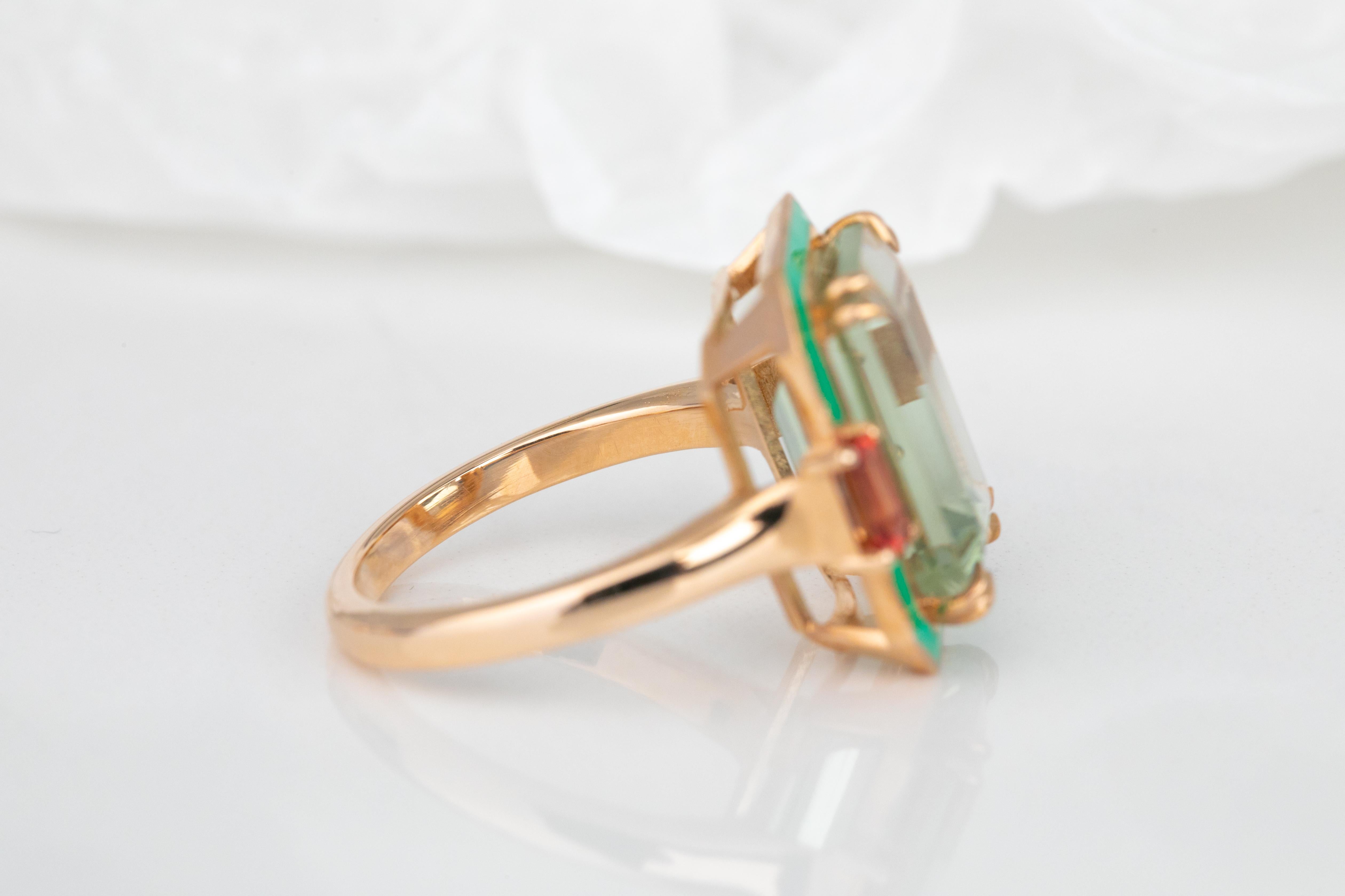 For Sale:  Art Deco Style, 14k Gold Ring Green Amethyst and Fire Sapphire Stone Ring 3