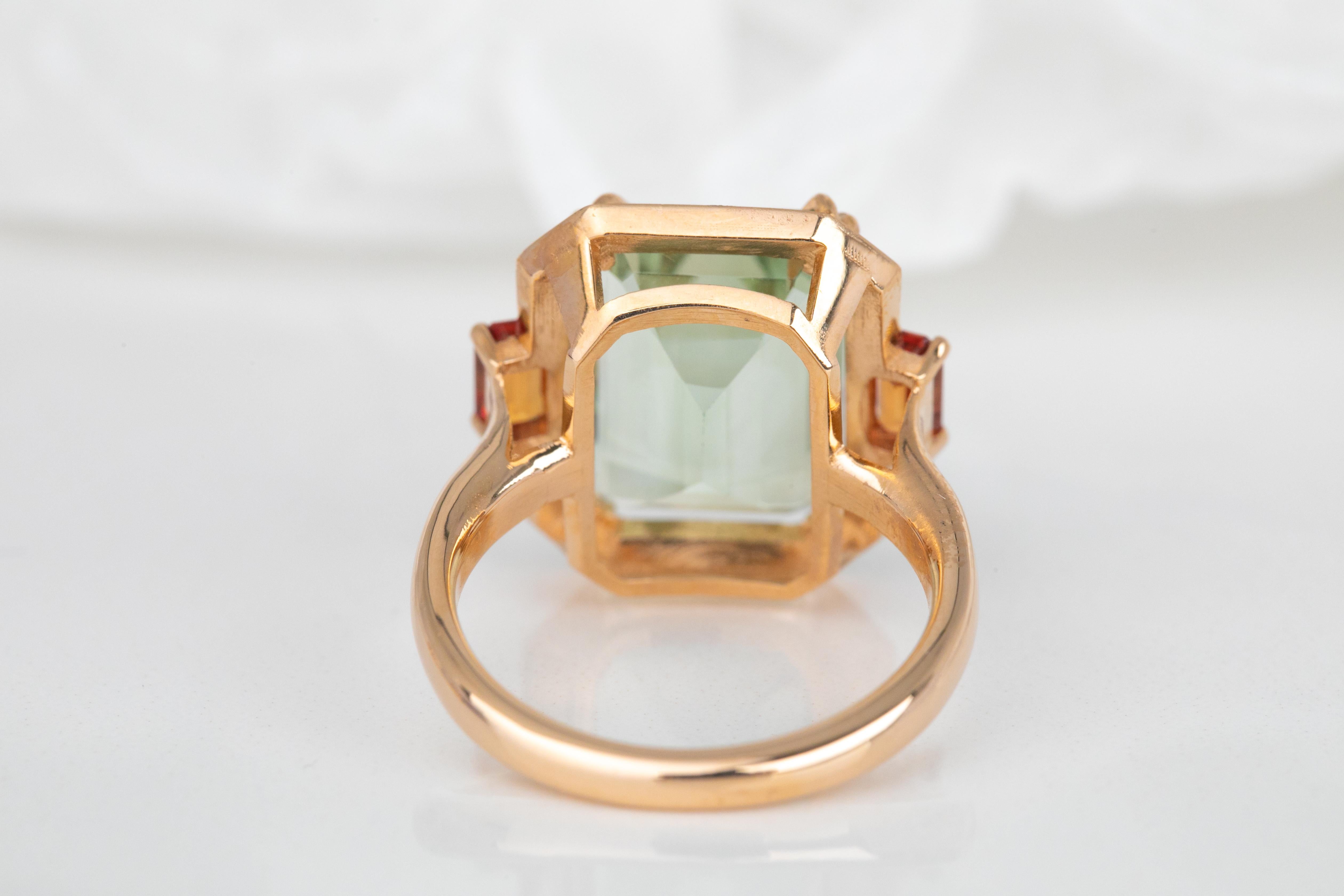 For Sale:  Art Deco Style, 14k Gold Ring Green Amethyst and Fire Sapphire Stone Ring 4