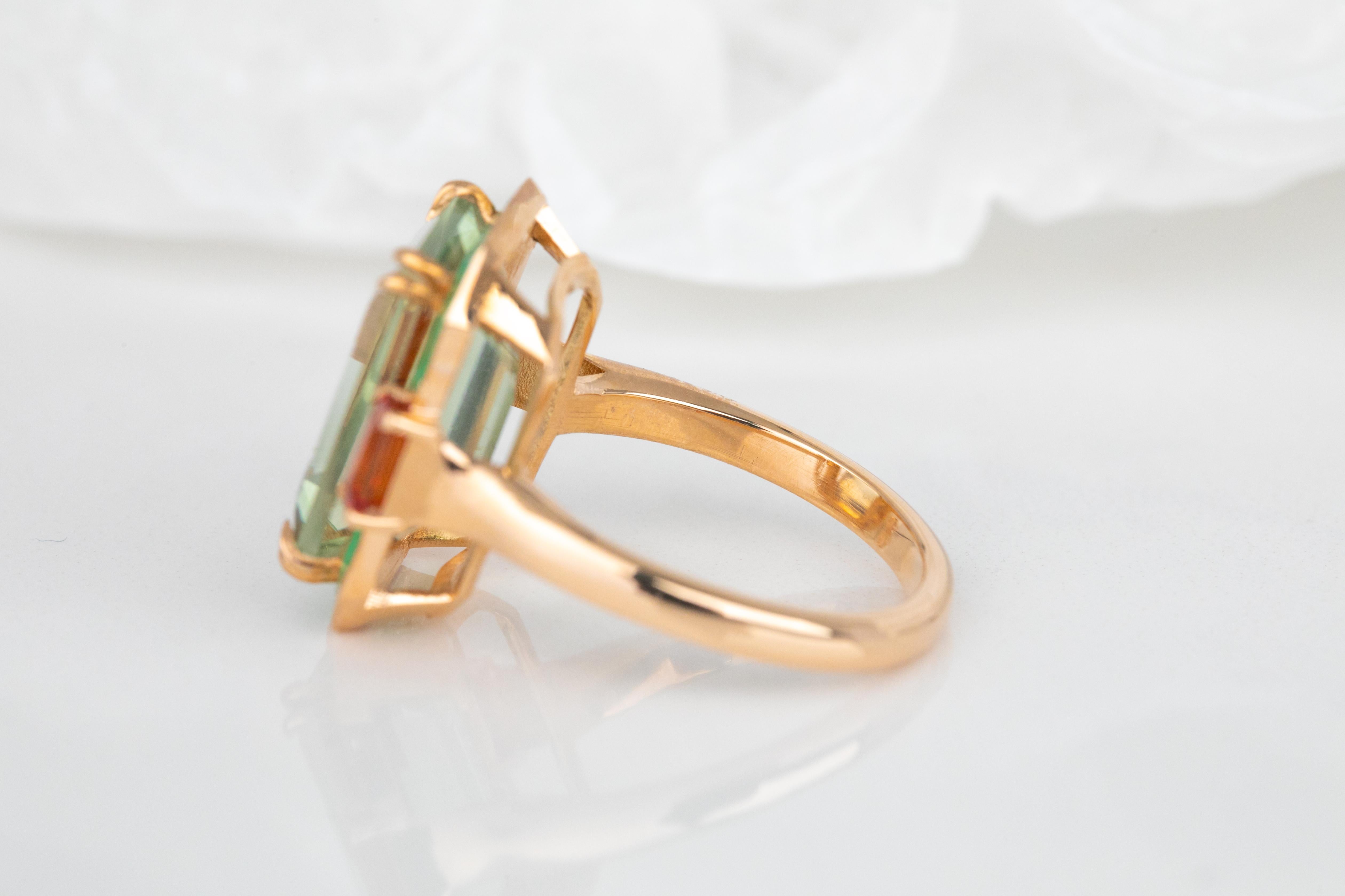 For Sale:  Art Deco Style, 14k Gold Ring Green Amethyst and Fire Sapphire Stone Ring 5