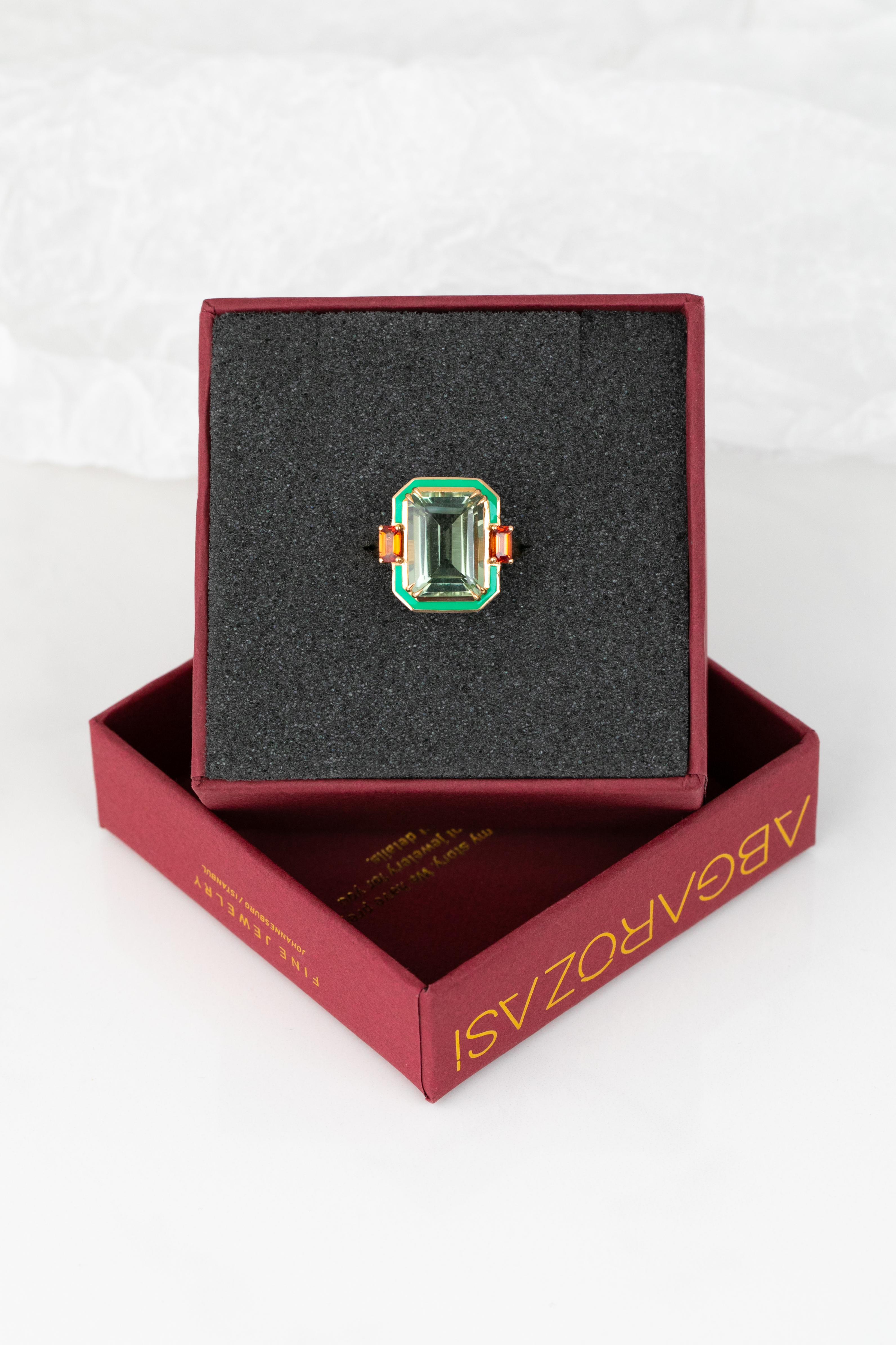 For Sale:  Art Deco Style, 14k Gold Ring Green Amethyst and Fire Sapphire Stone Ring 6