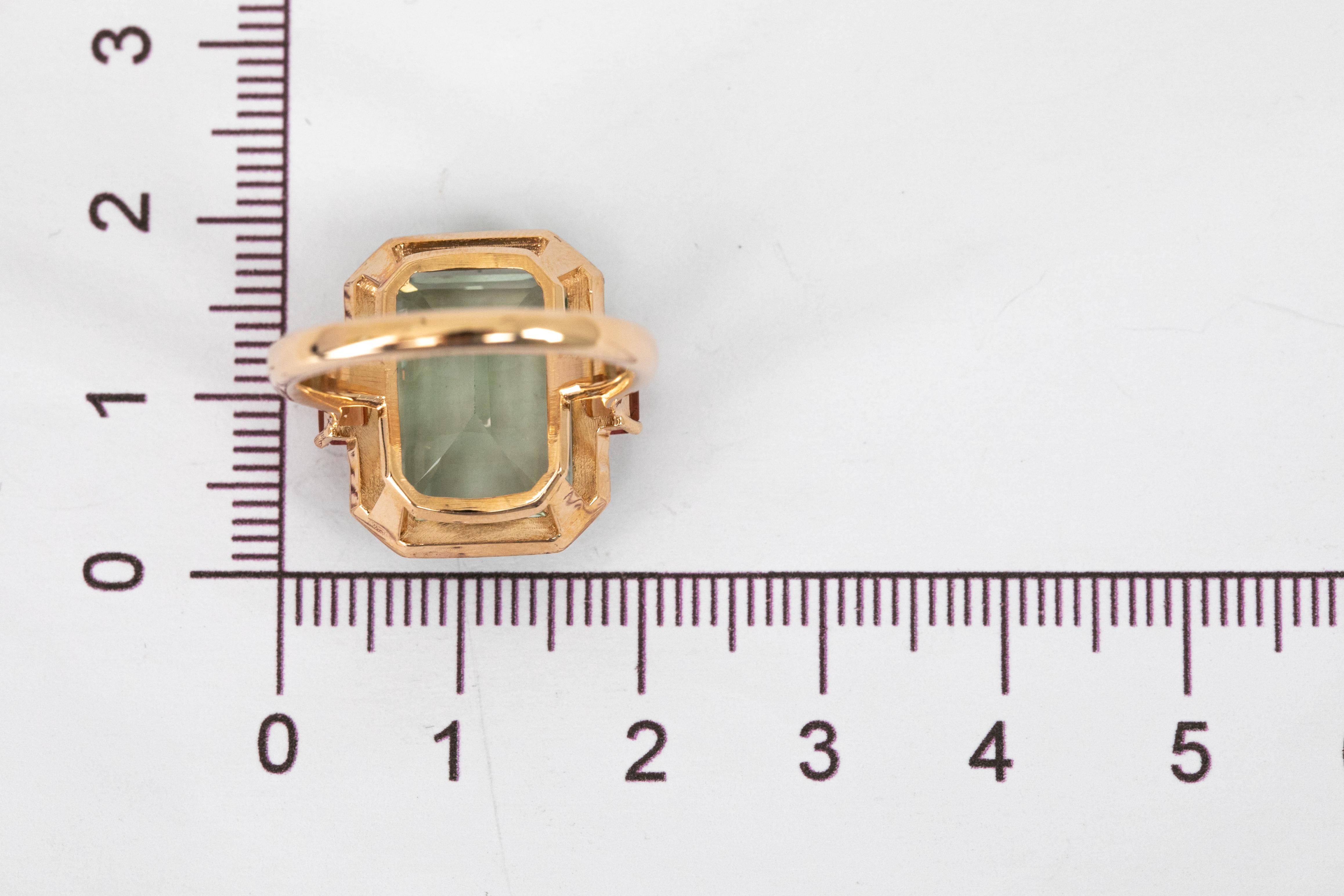 For Sale:  Art Deco Style, 14k Gold Ring Green Amethyst and Fire Sapphire Stone Ring 7