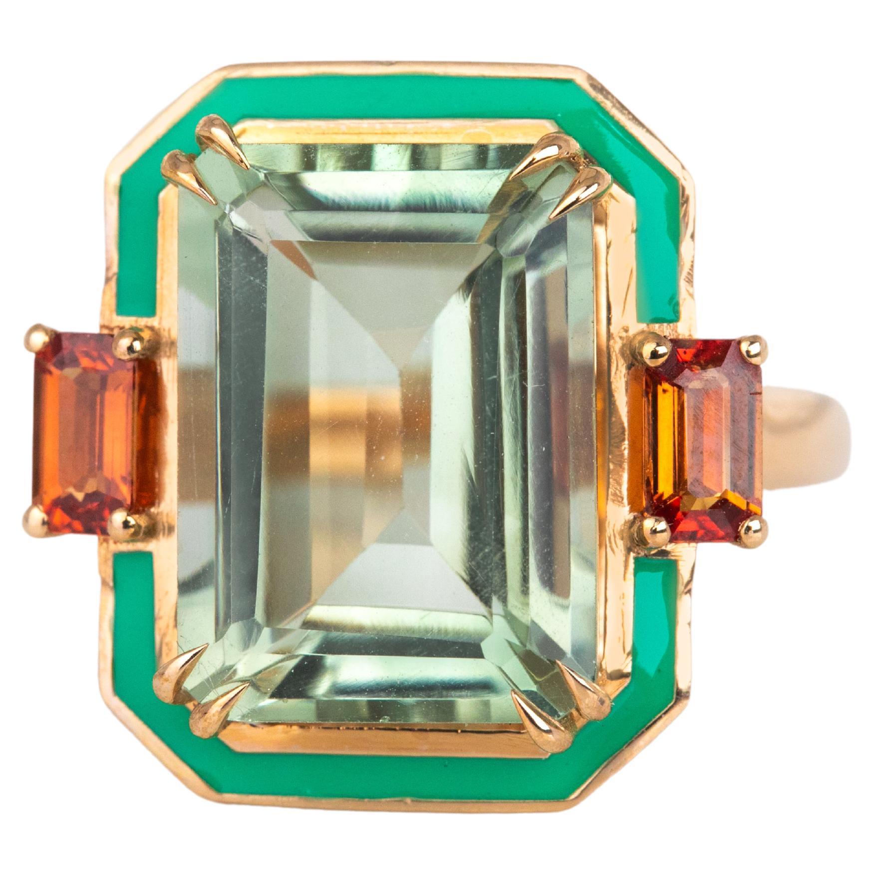 For Sale:  Art Deco Style, 14k Gold Ring Green Amethyst and Fire Sapphire Stone Ring