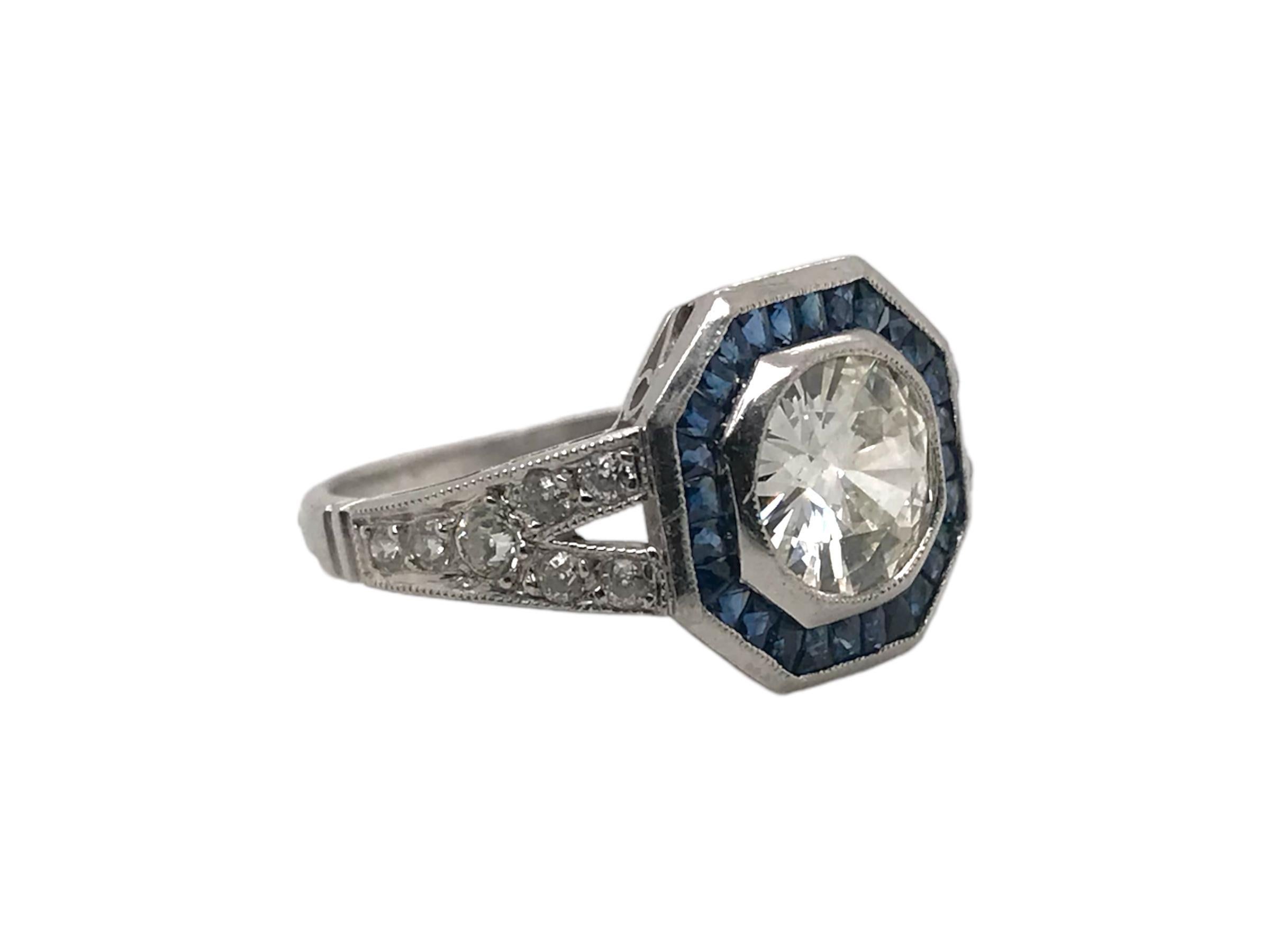 Round Cut Art Deco Styled 1.20 Carat Diamond & Sapphire Platinum Ring IGI For Sale
