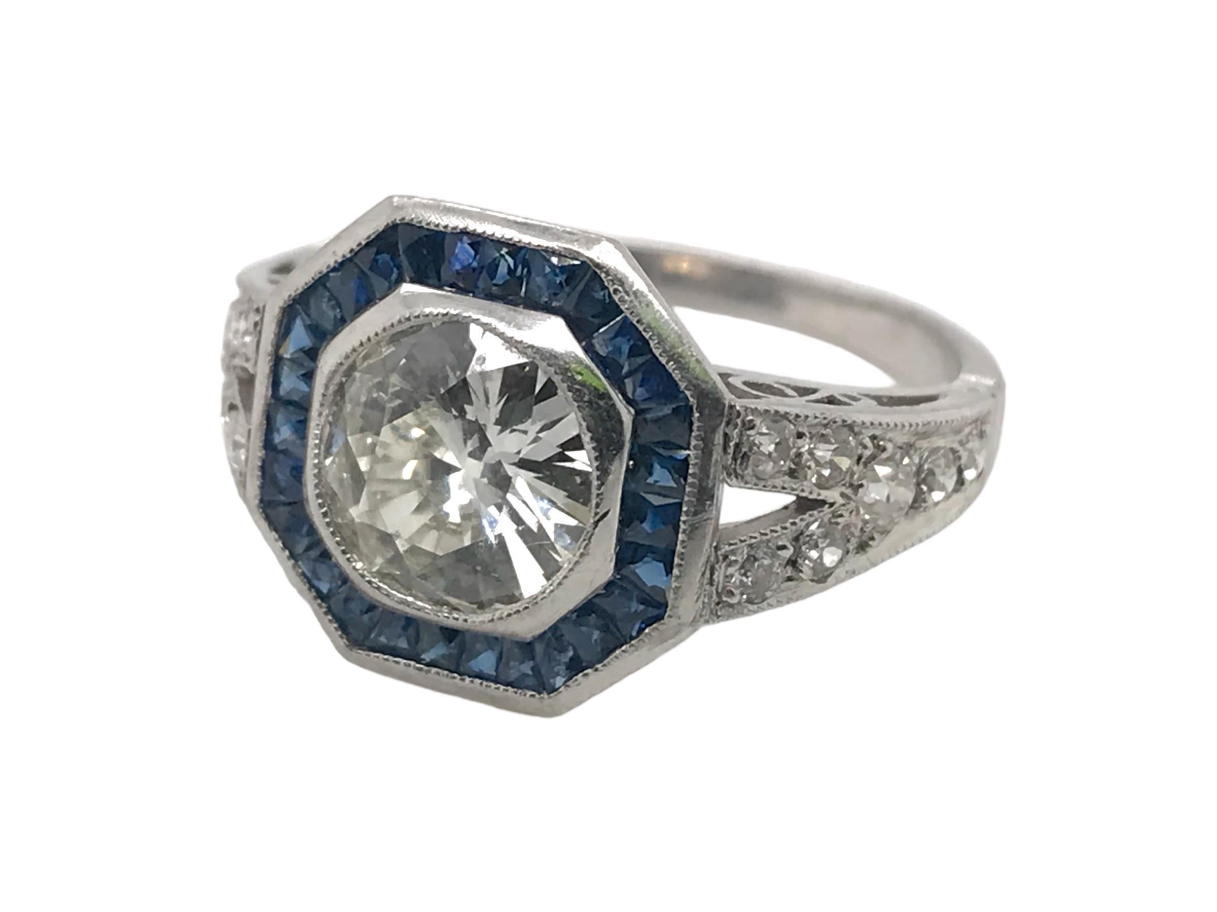 Art Deco Styled 1.20 Carat Diamond & Sapphire Platinum Ring IGI In Good Condition For Sale In Montgomery, AL
