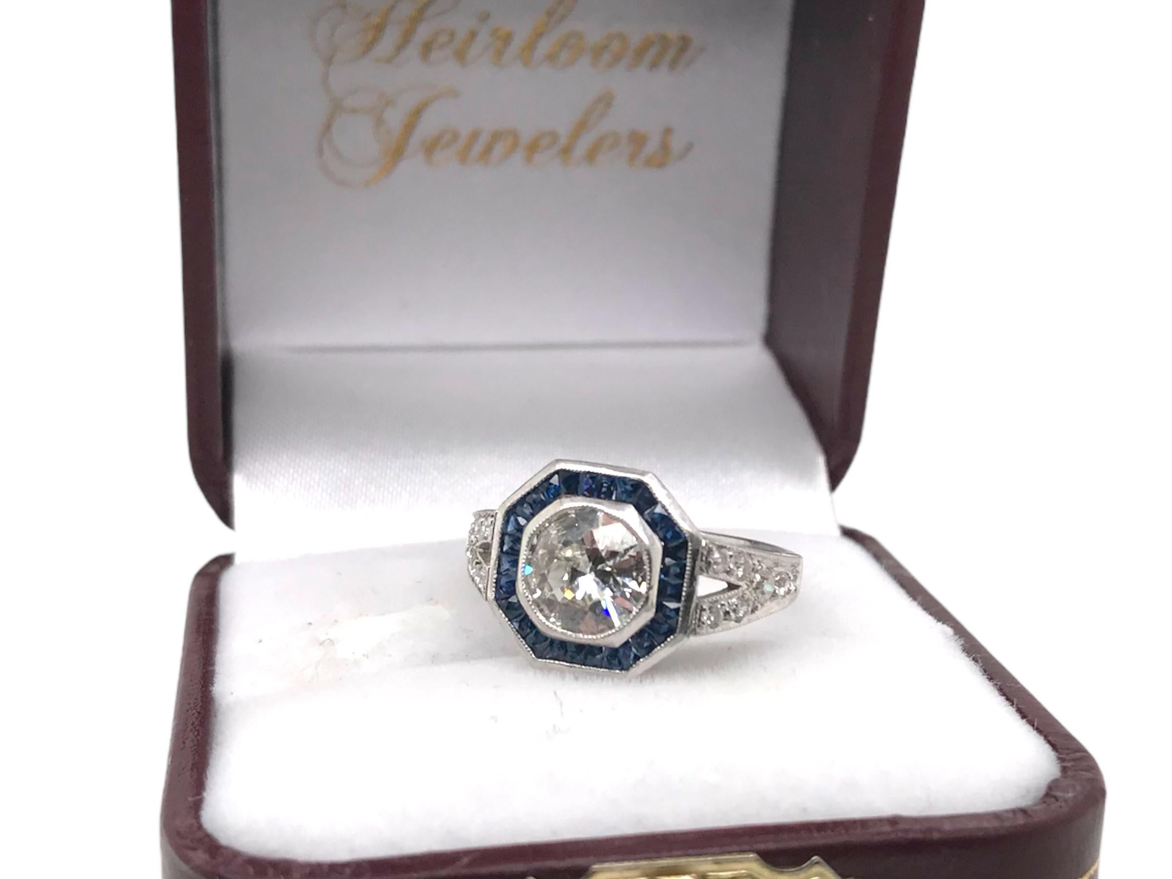 Women's Art Deco Styled 1.20 Carat Diamond & Sapphire Platinum Ring IGI For Sale
