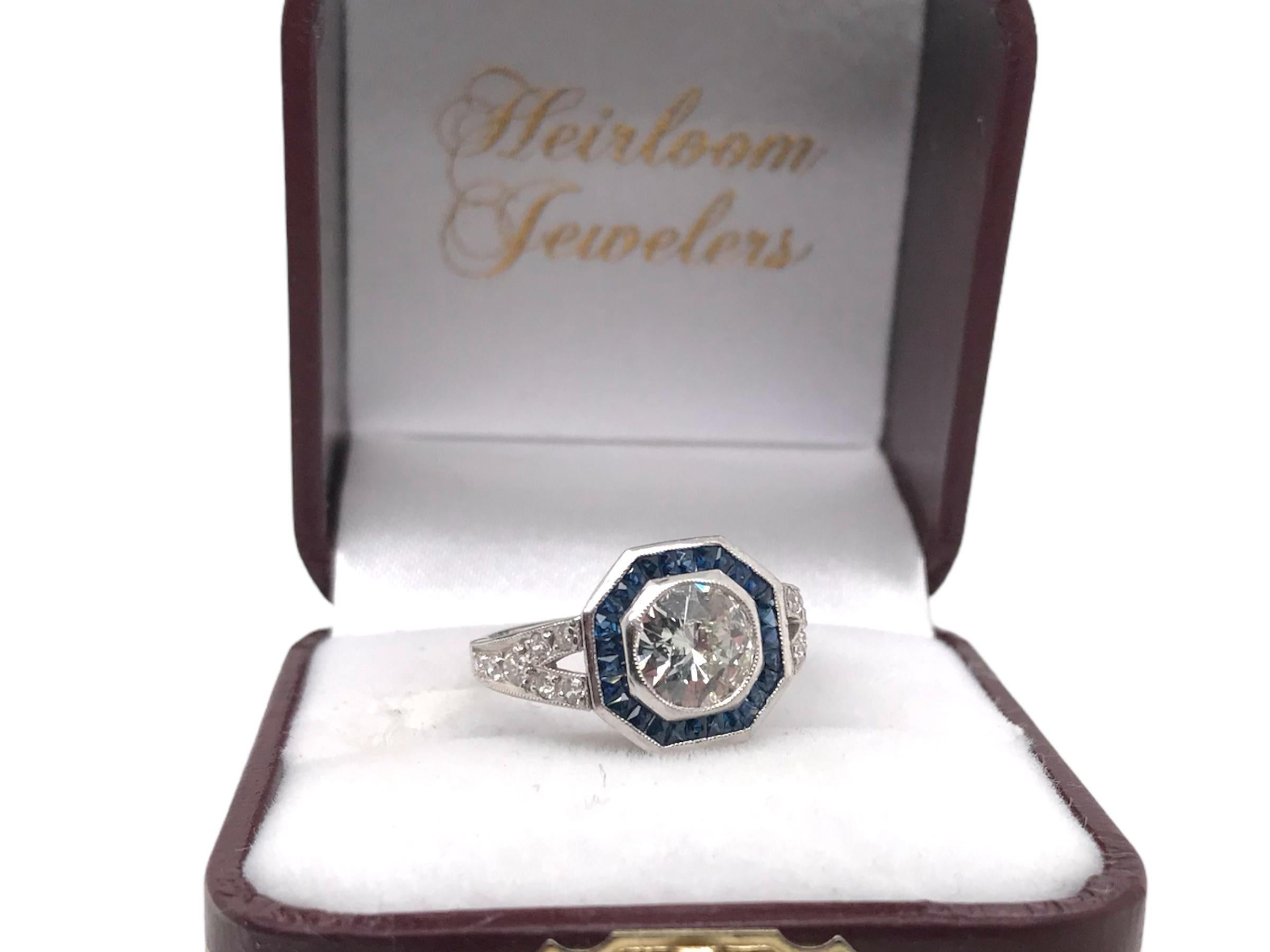 Art Deco Styled 1.20 Carat Diamond & Sapphire Platinum Ring IGI For Sale 1