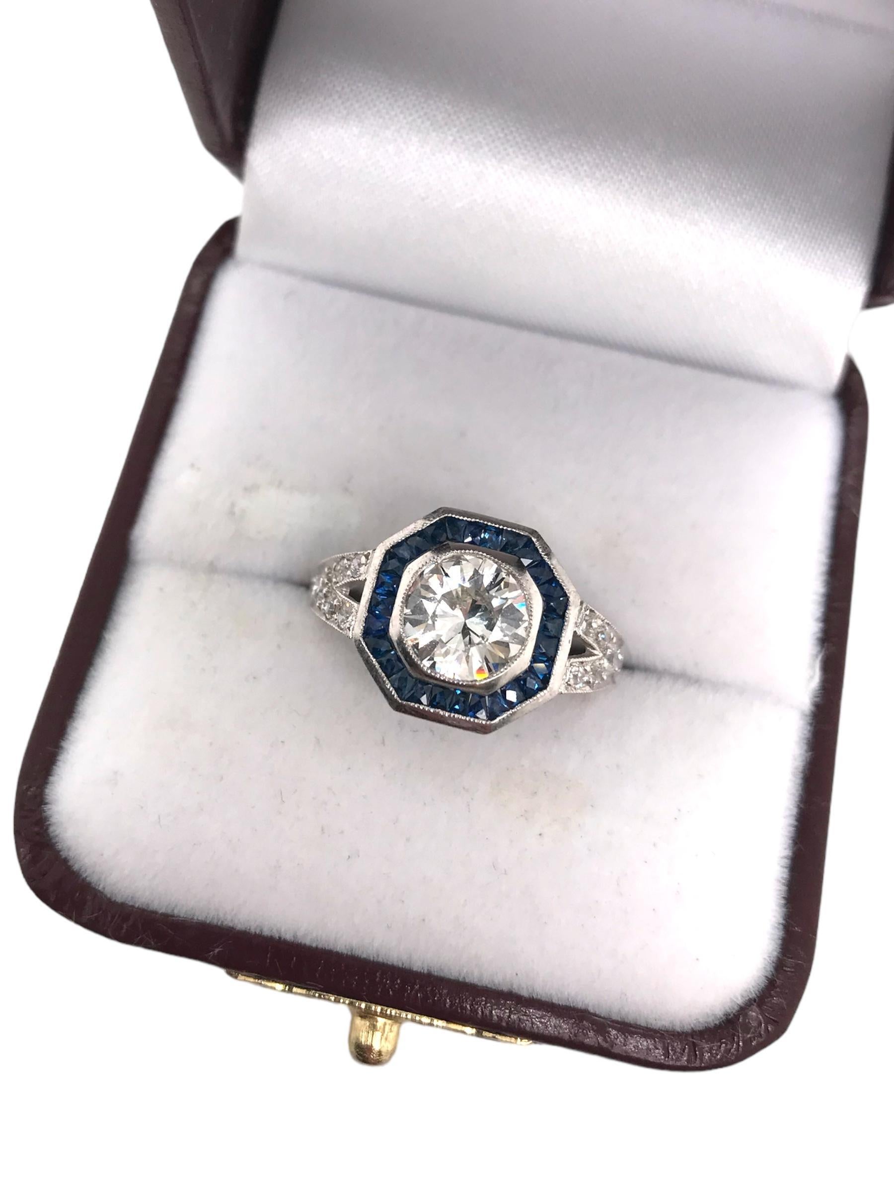 Art Deco Styled 1.20 Carat Diamond & Sapphire Platinum Ring IGI For Sale 2