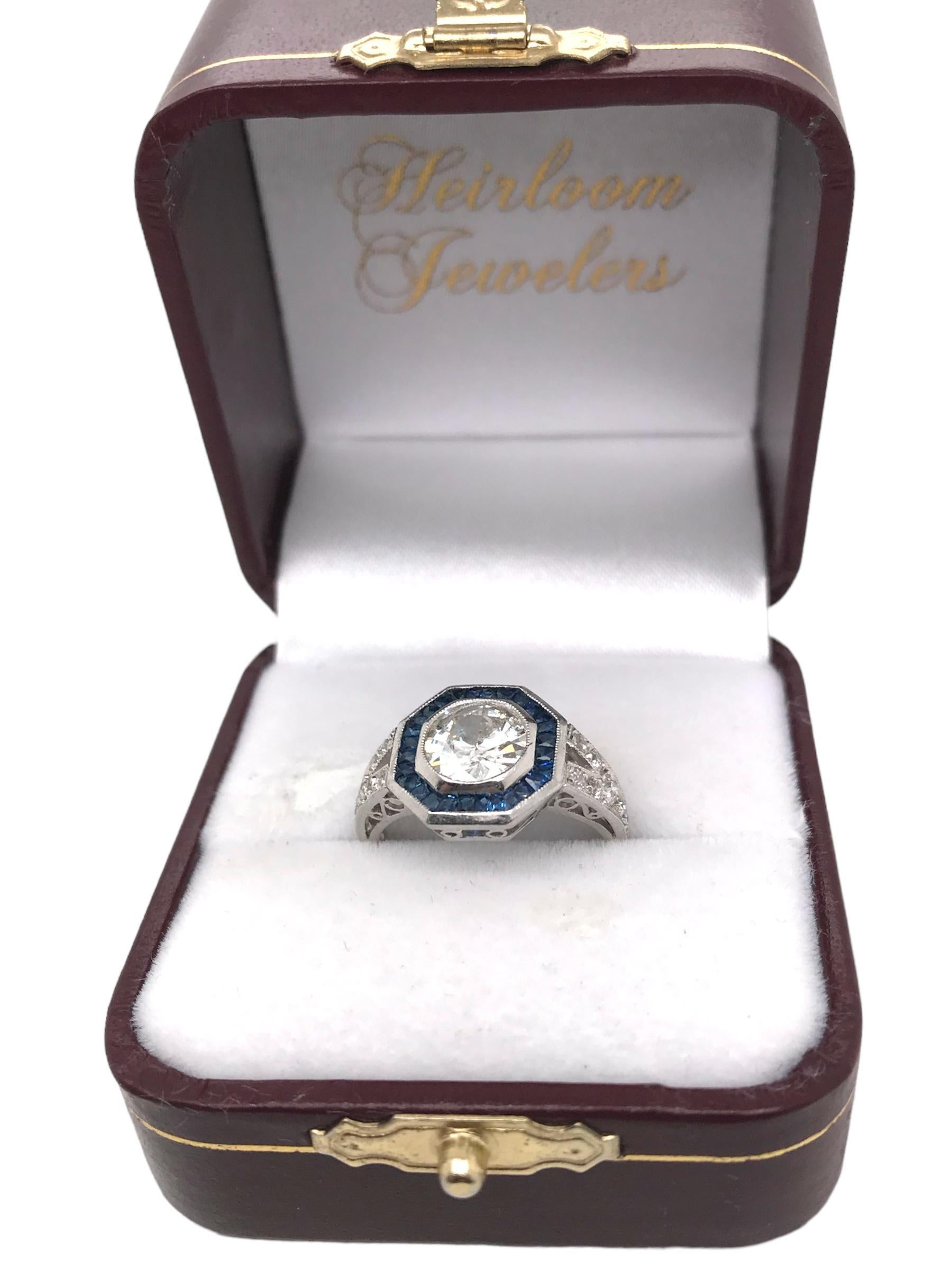 Art Deco Styled 1.20 Carat Diamond & Sapphire Platinum Ring IGI For Sale 3