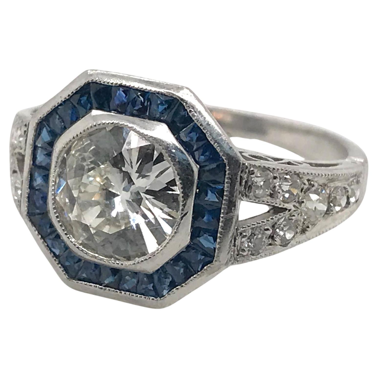 Art Deco Styled 1.20 Carat Diamond & Sapphire Platinum Ring IGI For Sale