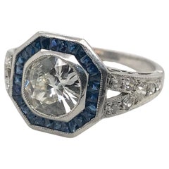 Art Deco Styled 1.20 Carat Diamond & Sapphire Platinum Ring IGI