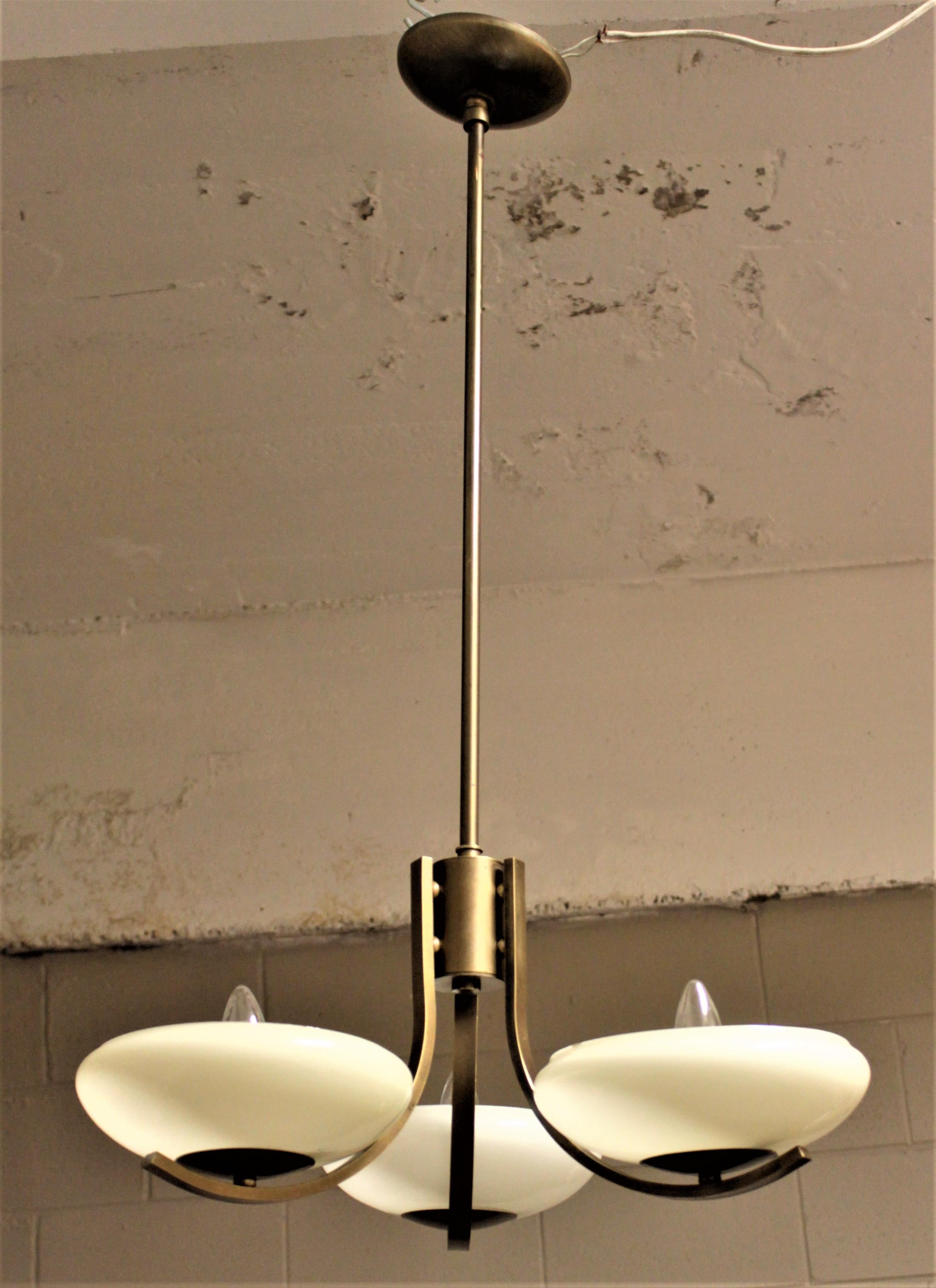 American Art Deco Styled Brass Three Branch Chandelier with Off-White Glass Cupped Shades