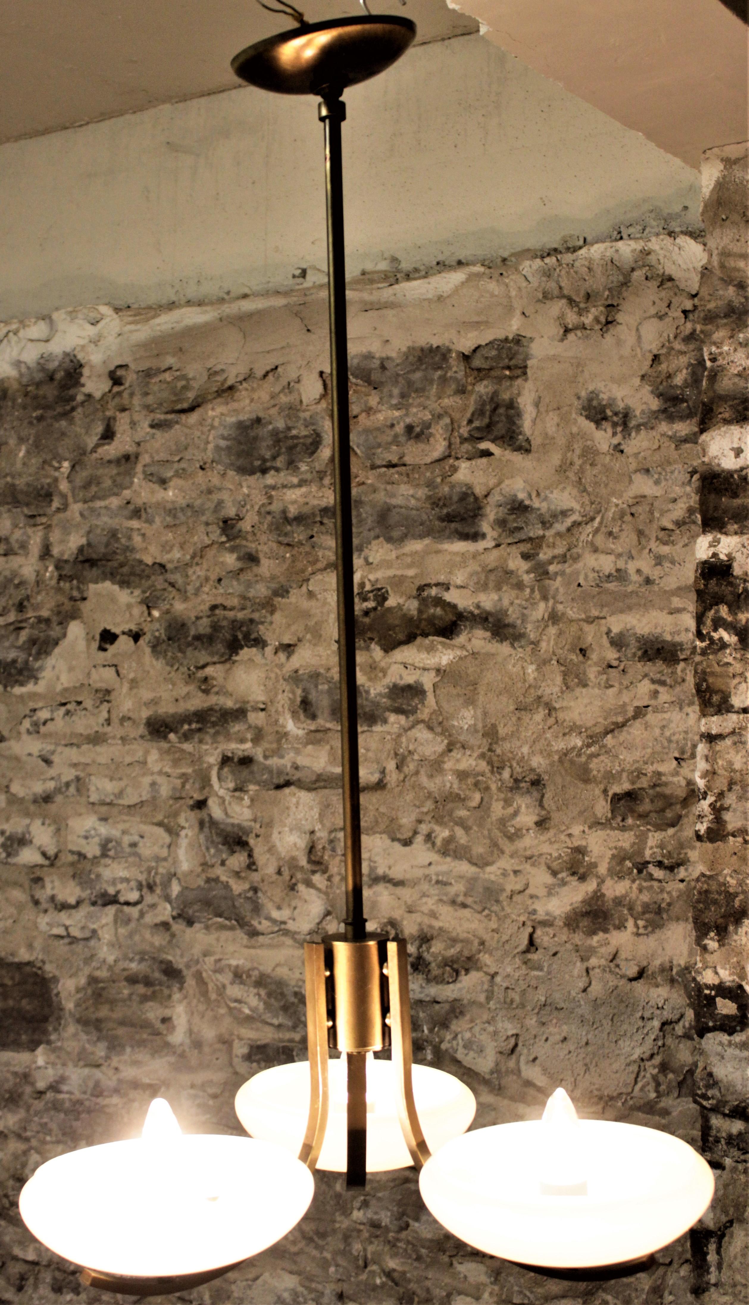 20th Century Art Deco Styled Brass Three Branch Chandelier with Off-White Glass Cupped Shades