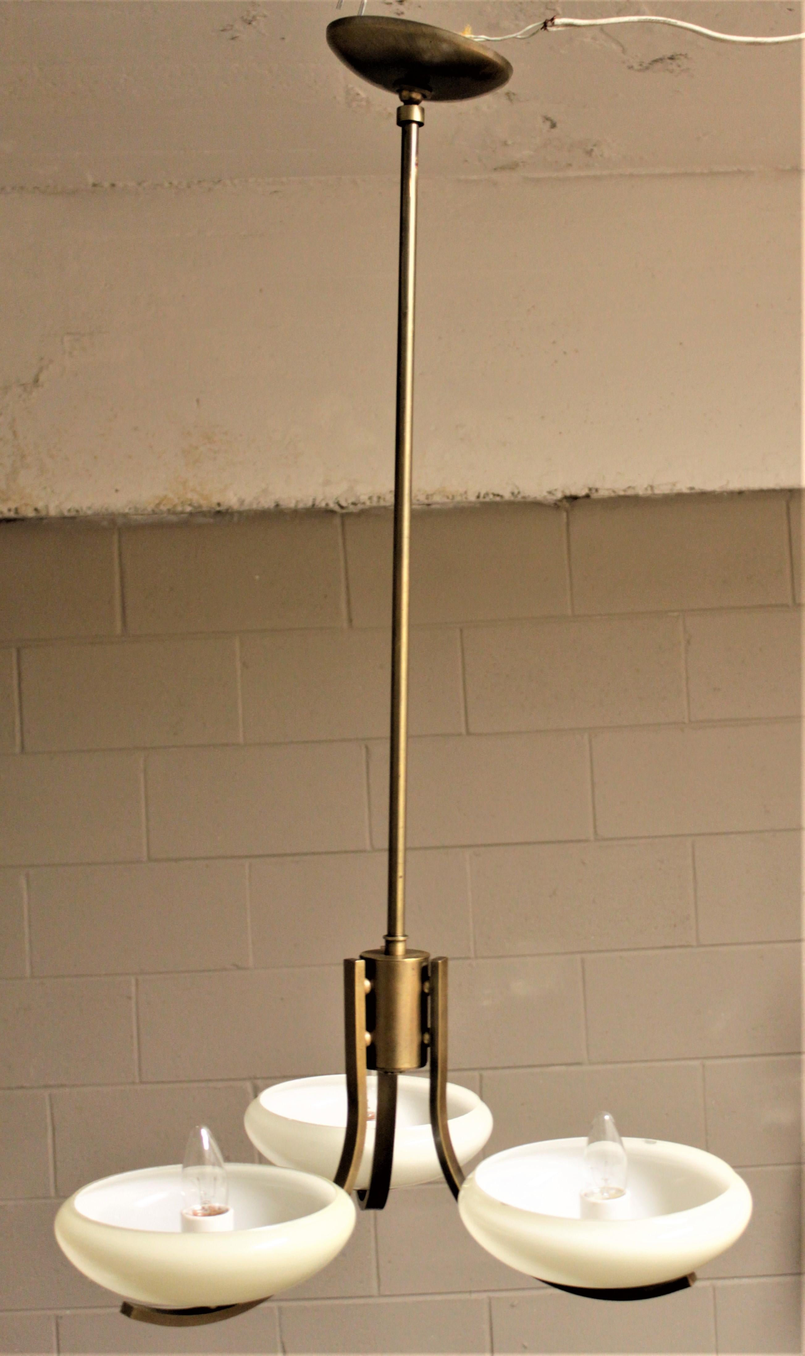 Art Deco Styled Brass Three Branch Chandelier with Off-White Glass Cupped Shades 1
