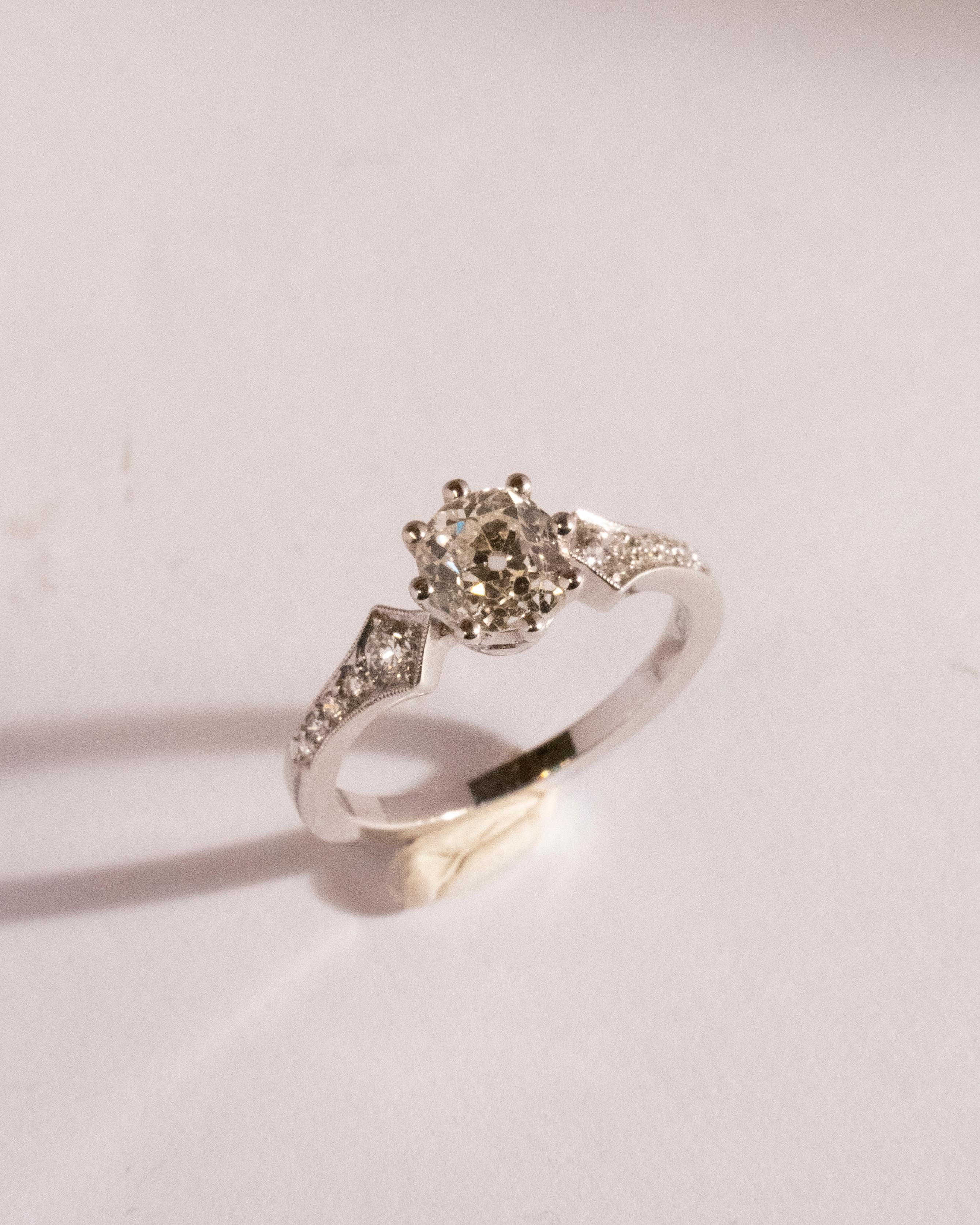 Mixed Cut Art-Deco styled diamond ring ‘Diana’ with a  0.95ct Antique Diamond For Sale