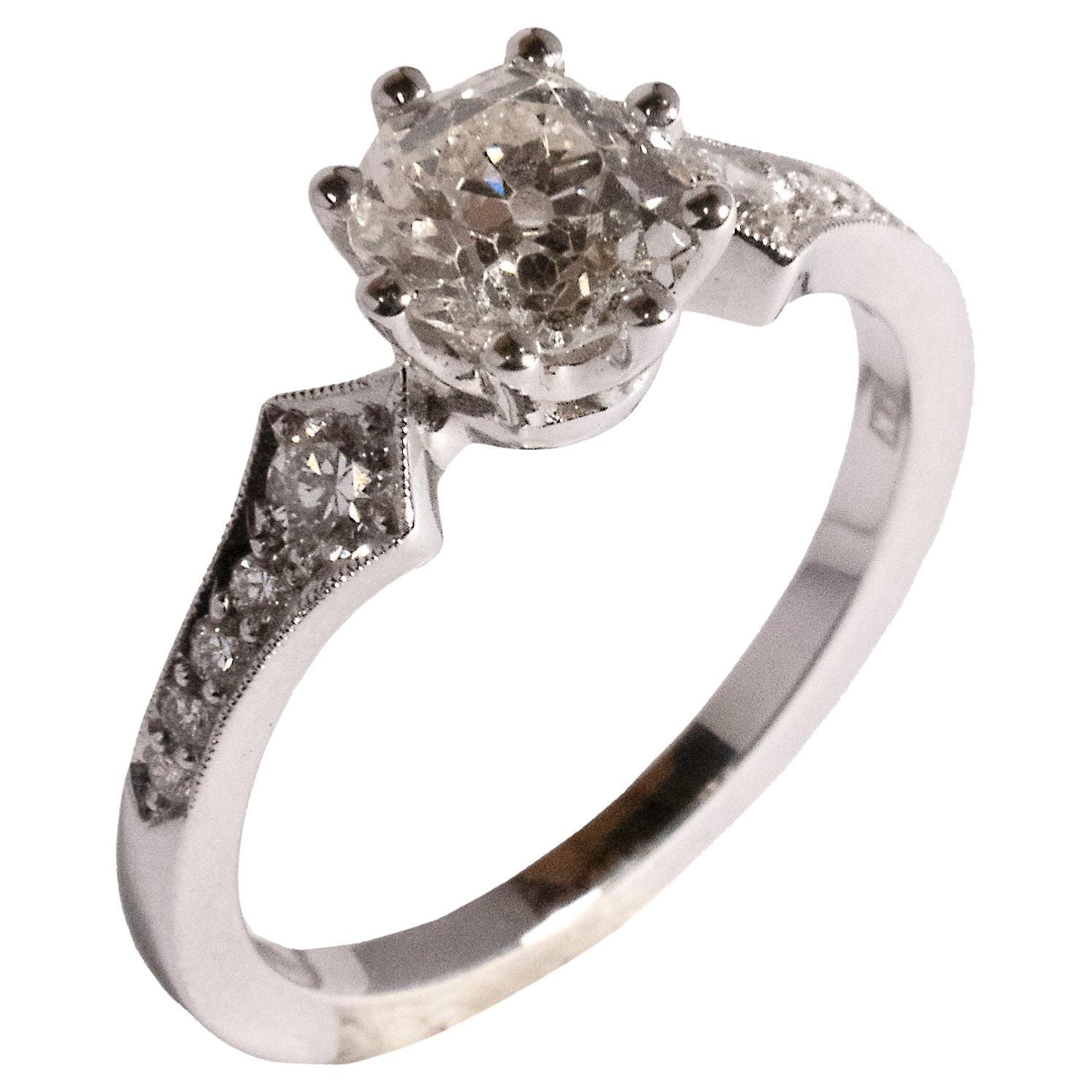 Art-Deco styled diamond ring ‘Diana’ with a  0.95ct Antique Diamond For Sale