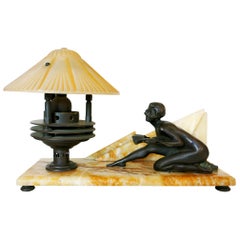 Art Deco Styled Italian Marble Desk Lamp with Bronze Nude
